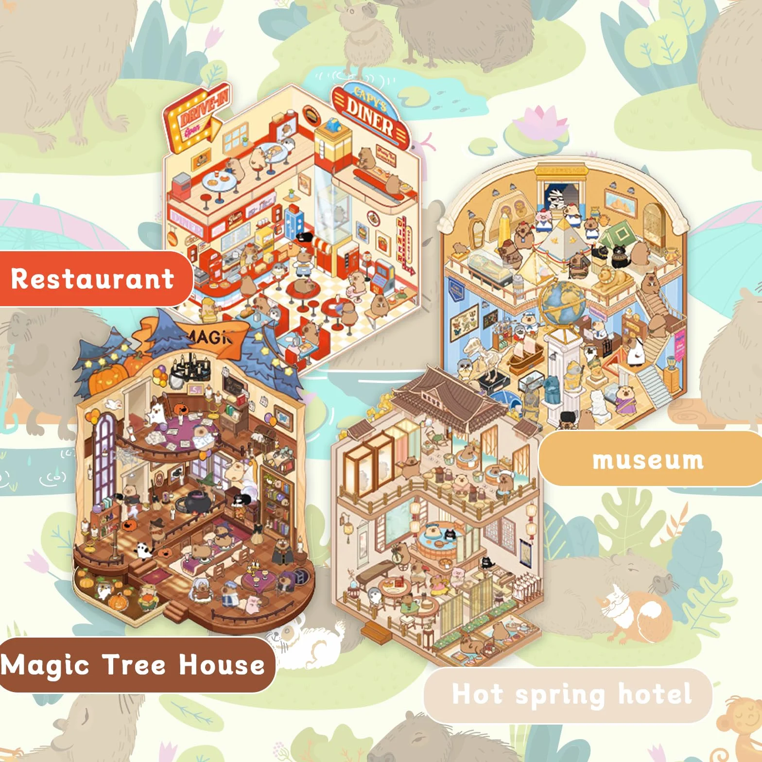 AYNKH 4 zestawy DIY Capybara World Series 3D naklejki krajobrazowe, urocze zabawne naklejki z kreskówkową sceną, muzeum, hotel, domek na drzewie, restauracja, ulga, stres, mijanie czasu, kreatywne