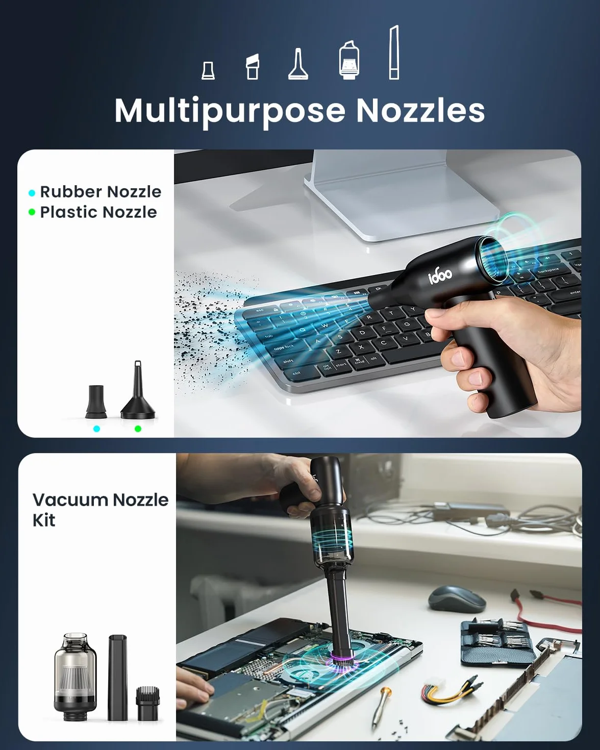 iDOO Elektryczna dmuchawa do kurzu, metalowa, 2 w 1, 3 prędkości, zestaw do czyszczenia samochodu, ze szczotką do czyszczenia i szybkim ładowaniem USB, do komputera, klawiatury, laptopa, sprężone