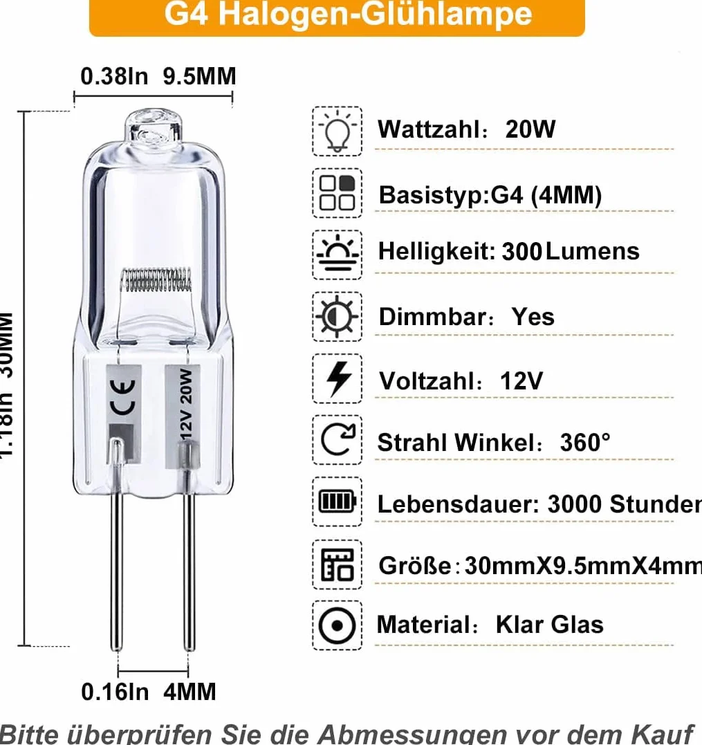Vinaco Żarówki G4 Ściemniane, 5-Pak Halogenowych 20 W, Długa Żywotność, 12 V Kapsułkowe, Ciepła Biel 2800 K, Do Lamp Sufitowych i Stołowych