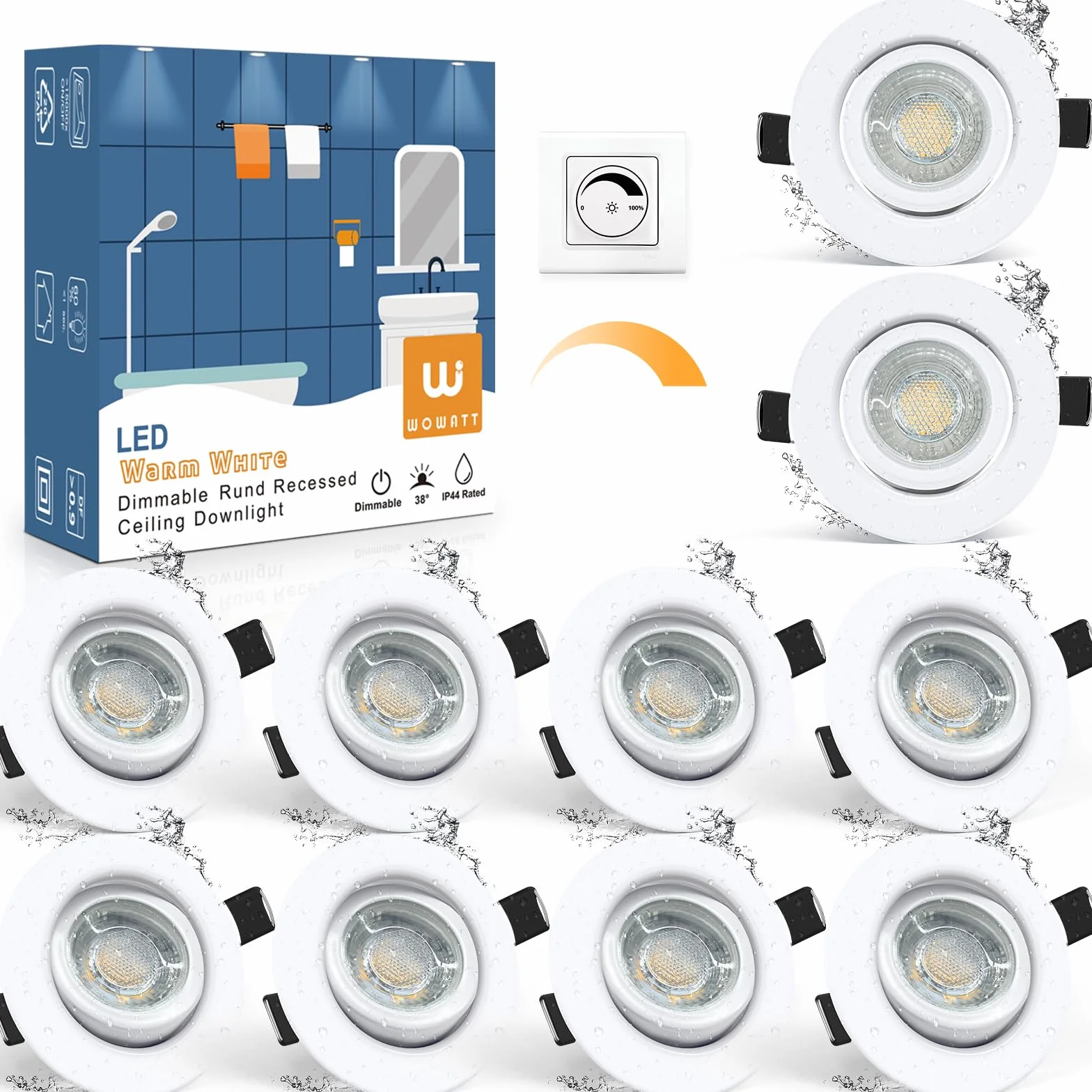 wowatt 10 sztuk LED Downlight ściemnialny sufit wpuszczany, 5,5 W Oczy LED do sufitu 2800 K ciepła biel 600 lm, IP44 wpuszczany reflektor wewnętrzny okrągły sufit 68 mm obrotowy 230 V do łazienki