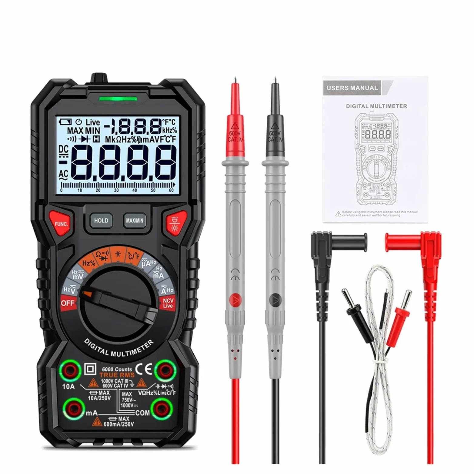 Multimetr Cyfrowy 20000 Zlicza True NCV Multimetry Tester Próbnik Elektroniczny Voltimetro Miernik Pojemności Szybko Dokładnie Łatwy Odczyt(118A)