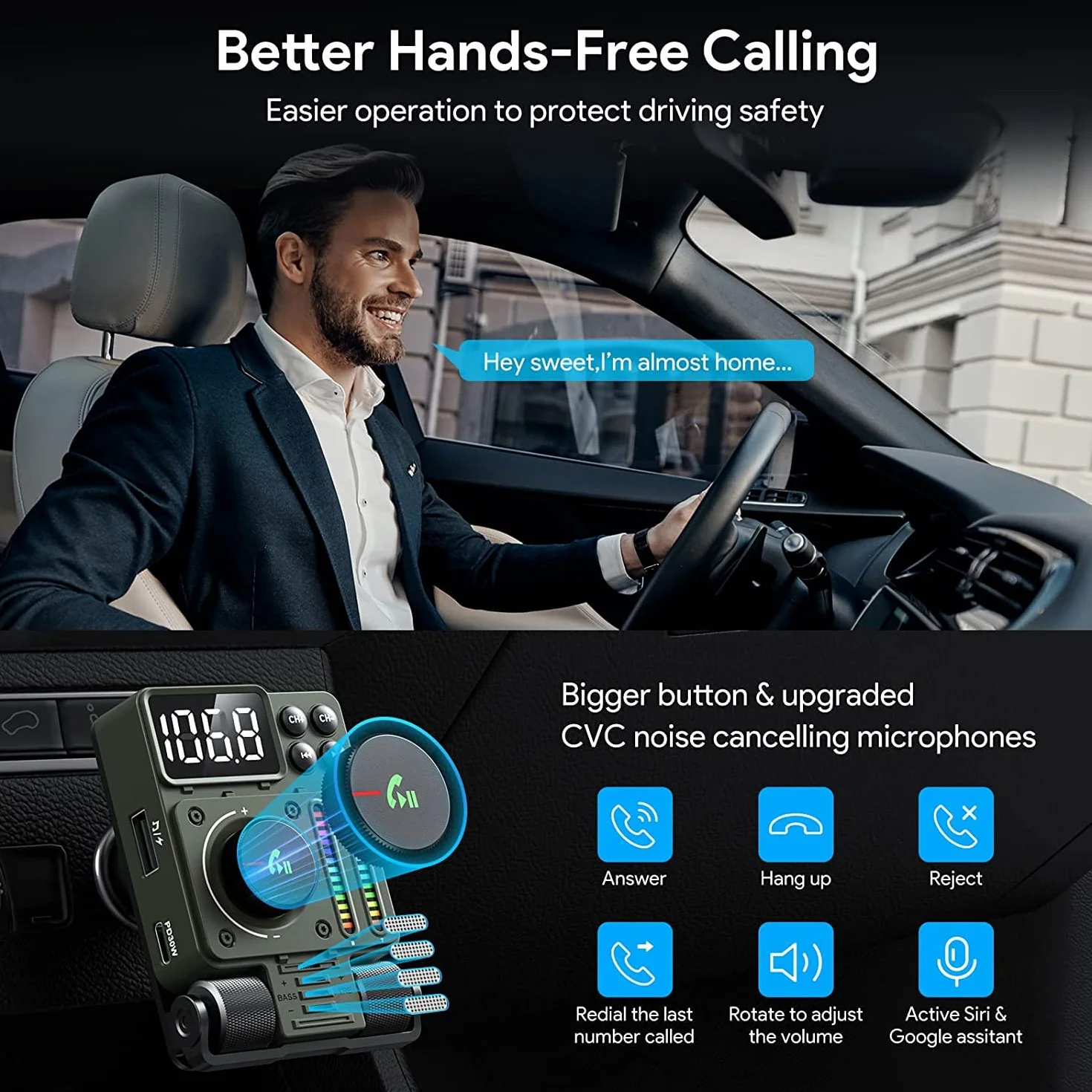 LENCENT 5.3 Samochodowy Nadajnik FM Bluetooth, Adapter Bluetooth z Typ C PD 30W Ładowarka Fast USB, Zestaw Głośnomówiący, Siri Google Assistant