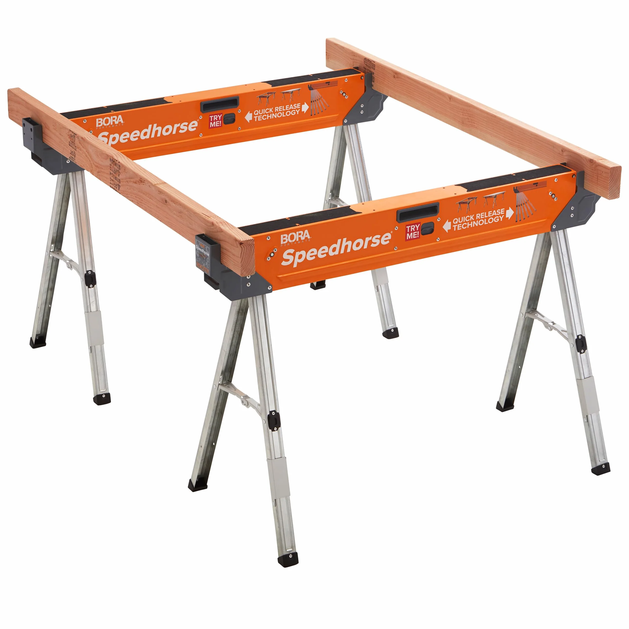 Bora PORTAMATE Speedhorse PM-4500T dwupak, 30 x szybsza natychmiastowa konfiguracja, niesekwencyjne składanie nóg, nośność 1633 kg na parę, metalowy blat na 2 x 4 cm, wytrzymała, profesjonalna piła