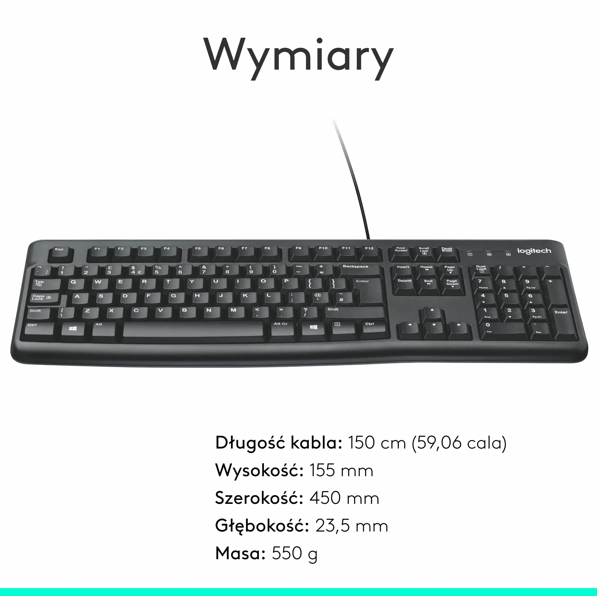 Logitech K120 Klawiatura Przewodowa dla systemu Windows, USB Plug-and-Play, pełnowymiarowa, odporna na zalanie, zakrzywiona spacja, zgodna z PC, laptopem, QWERTY układ US international - Czarny