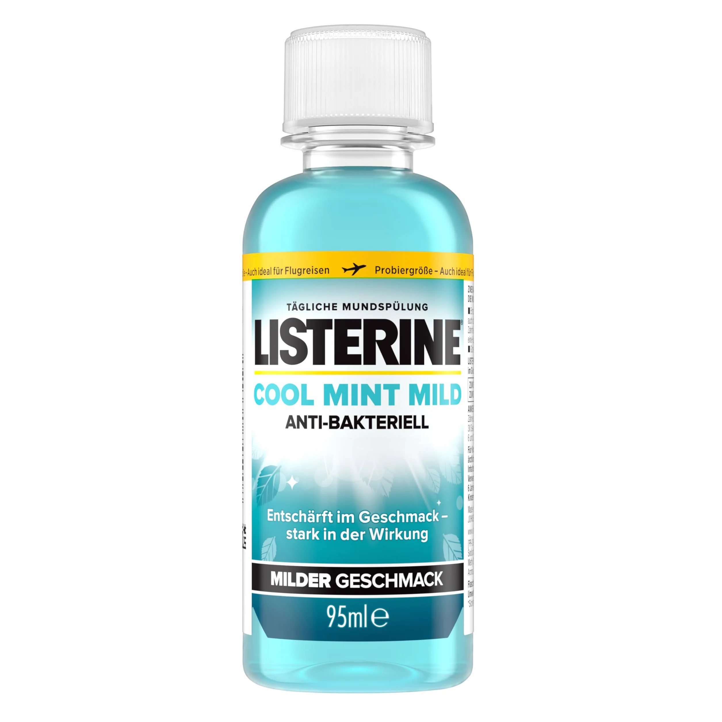 LISTERINE Cool Mint Mild (95 ml), antybakteryjny płyn do płukania jamy ustnej bez alkoholu o łagodnym smaku, zapewnia długotrwałe uczucie świeżości