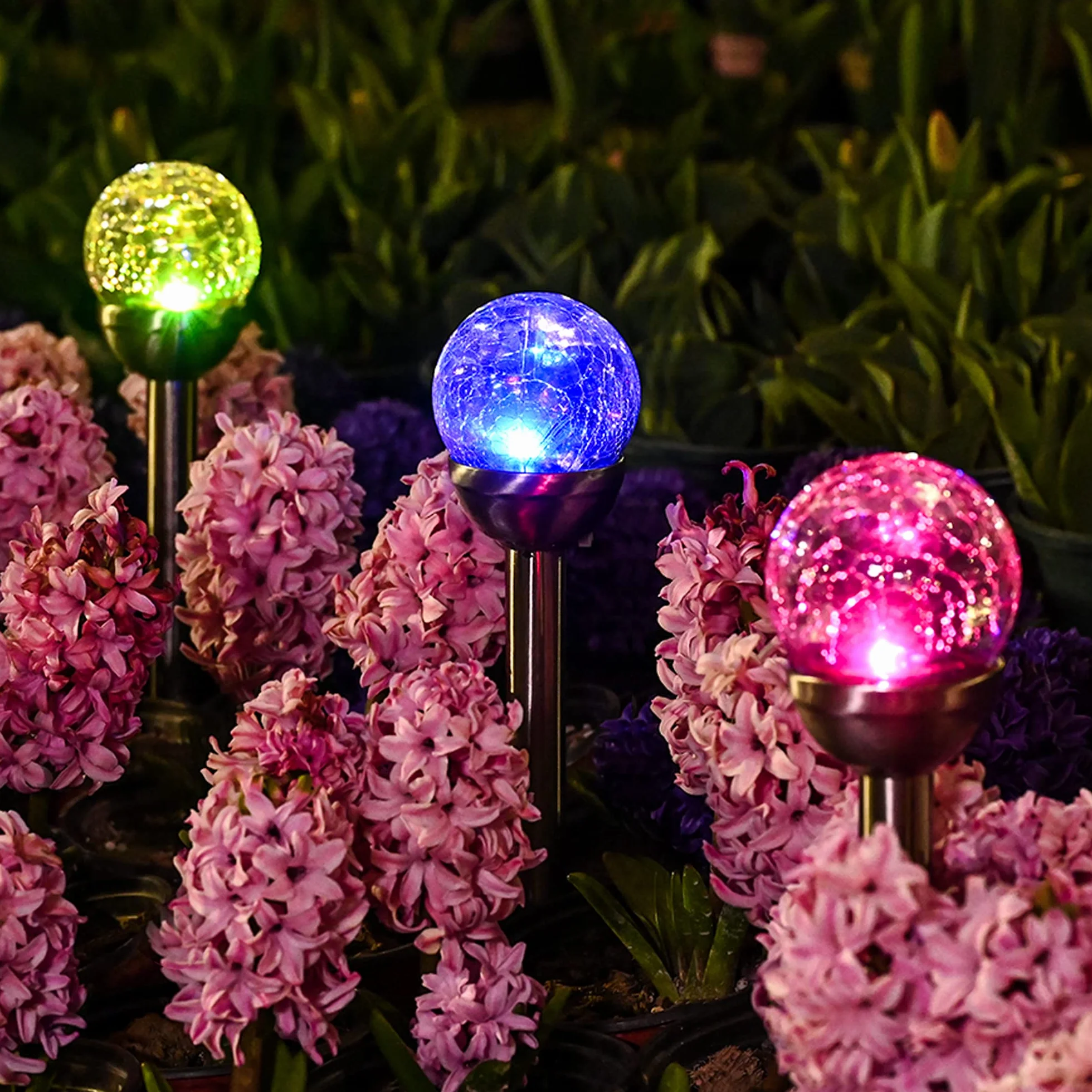 GIGALUMI Lampy solarne na zewnątrz, pęknięta szklana kula, podwójne lampy ogrodowe LED, oświetlenie krajobrazu/ścieżki na ścieżkę, patio, zmieniające kolor podwórka i białe, 3 szt