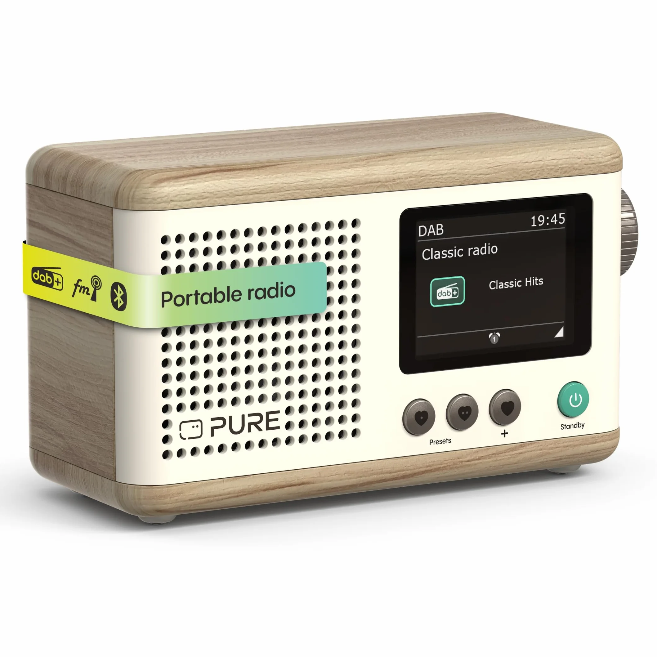 Pure Classic mini przenośne radio cyfrowe DAB+ FM Bluetooth 5.3 15h baterii kolorowy wyświetlacz 2,4 cala biały/dąb