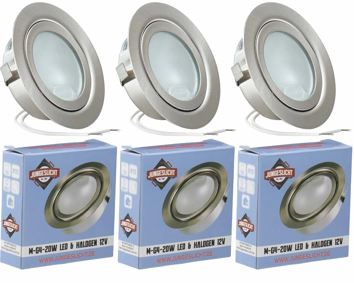 Zestaw 3 lamp halogenowych do zabudowy meblowej | chrom błyszczący | możliwość ściemniania | łącznie z żarówką 12 V 20 W G4 i kablem przyłączeniowym 15 cm