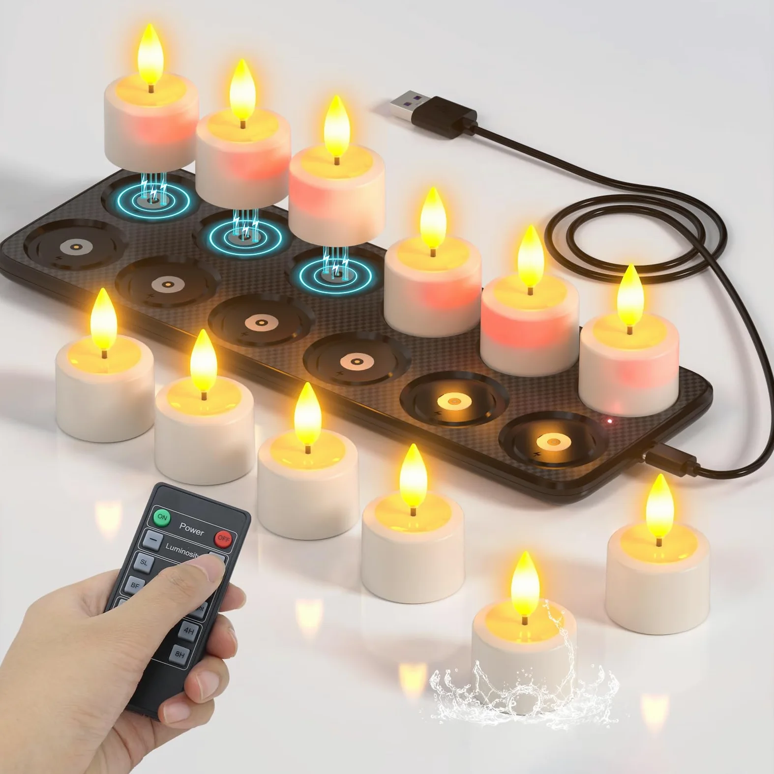 SoulBay Akumulatorowe podgrzewacze, 12 szt., wodoodporne, bezpłomieniowe, elektryczne świeczki tealight LED, migoczące z pilotem czasowym, stacja ładująca do łazienki, domu, pokoju, Halloween,