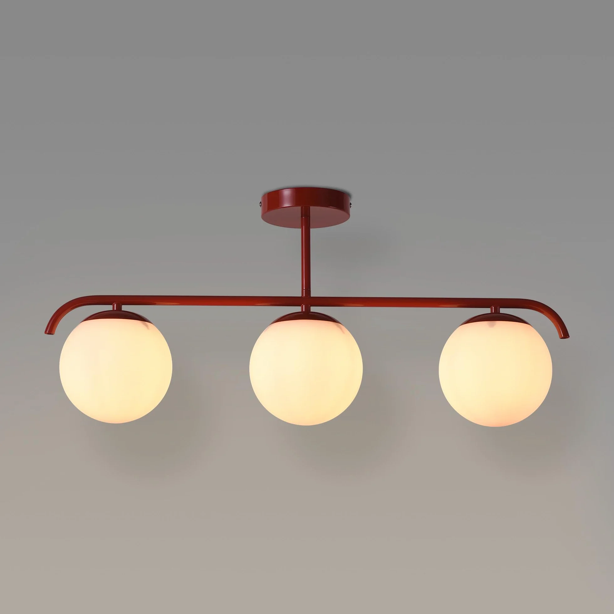 B·LED BARCELONA LED Potrójna lampa sufitowa, Talí” 3 opalowymi kulami szklanymi, 3xE27, minimalistyczny, nowoczesny styl, rozproszone oświetlenie do salonu, jadalni lub sypialni, metal czerwony