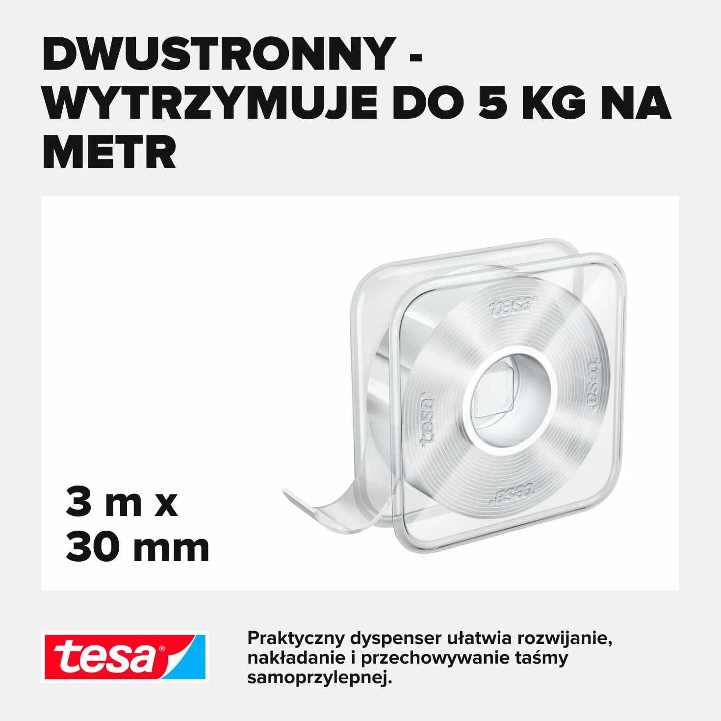 tesa Uniwersalna taśma Nano – przezroczysta, dwustronna taśma klejąca, łatwa do usunięcia i ponownego użytku, odporna na warunki atmosferyczne, do użytku wewnątrz i na zewnątrz, 1 rolka – 3 m x 30 mm