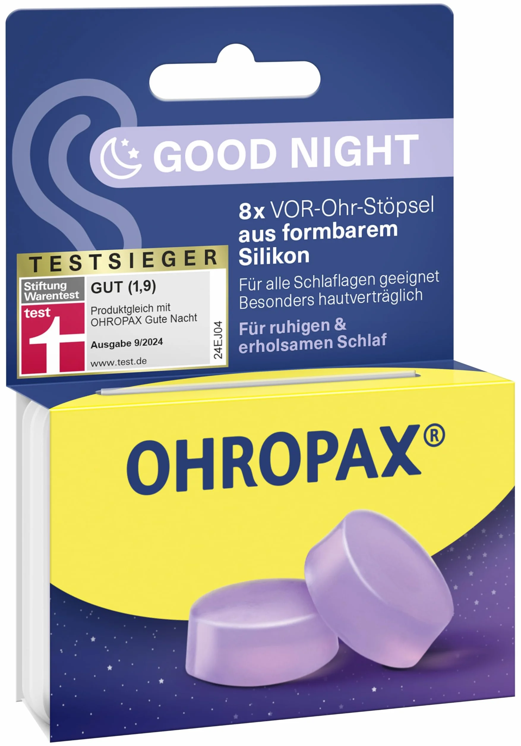 OHROPAX Good Night zatyczki do uszu do spania – silikonowe zatyczki do uszu do spania – nadają się do wszystkich uszu i wszystkich pozycji spania – wartość izolacji akustycznej SNR 23 dB – 8 sztuk