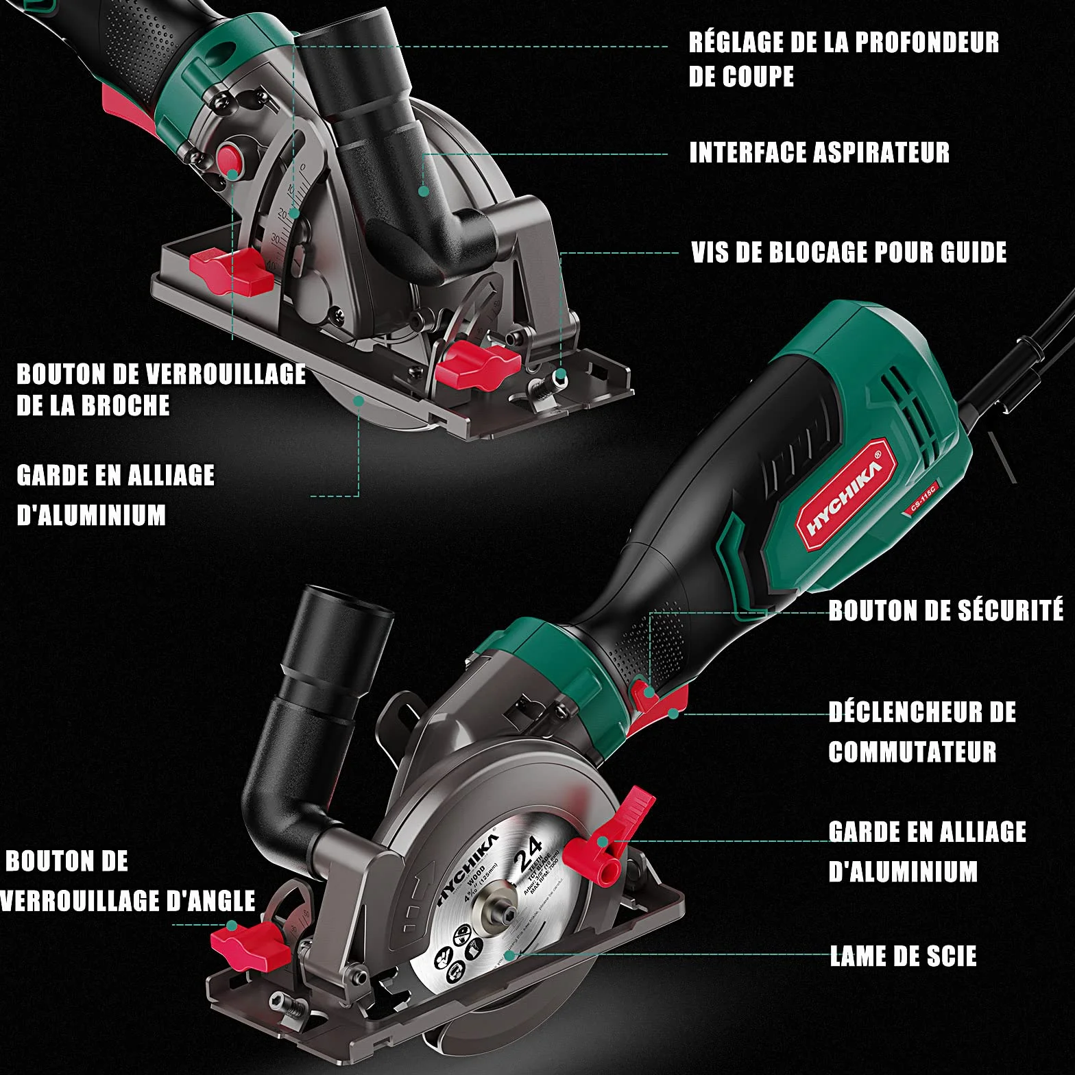 Hychika ręczna piła tarczowa, 750 W, 3500U, z 6 tarczami (115 i 125 mm), prowadnica laserowa i szyna prowadząca, maks. głębokość cięcia 48 mm (90°)/32 mm (45°)