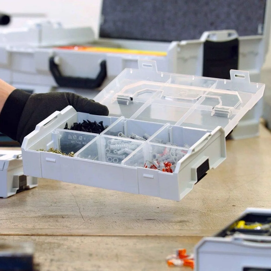 L-BOXX Mini zestaw 9 szt. – jasnoszary, z przezroczystą pokrywką, wysokiej jakości pudełka do przechowywania śrub i kołków, kompatybilne z systemem Bosch, nadają się do kontaktu z żywnością, można