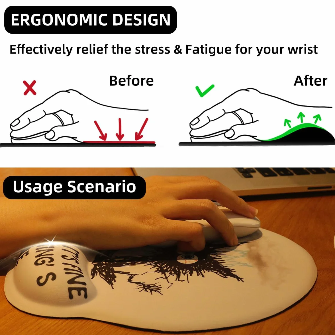 Ergonomiczna podkładka do myszy z poduszką żelową, antypoślizgowa, łagodząca ból