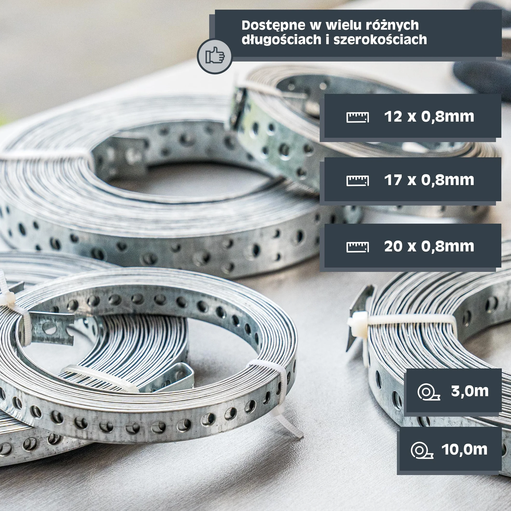 HELPMATE – Taśma perforowana o długości 3,0 m – stal ocynkowana sendzimir – szerokość 12 mm – grubość materiału 0,8 mm – wysokiej jakości ocynkowana – wytrzymała do budowy, warsztatu, projektów "zrób