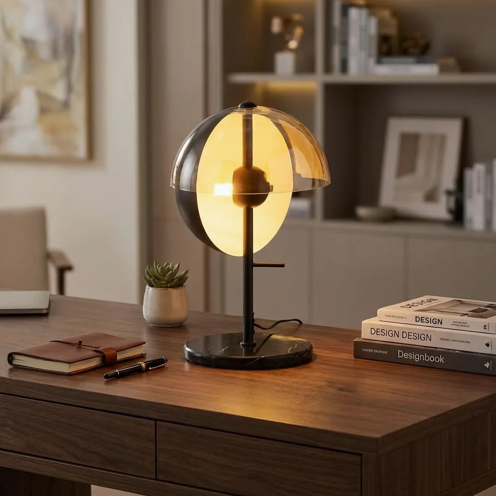 BARCELONA LED Lampa Stołowa UMBRA E27 Nowoczesny Design z Podwójnym Kloszem Czarny Metal i Bursztyn, Lampka Biurkowa z Pośrednim Światłem Bez Oślepiania Styl Industrialny