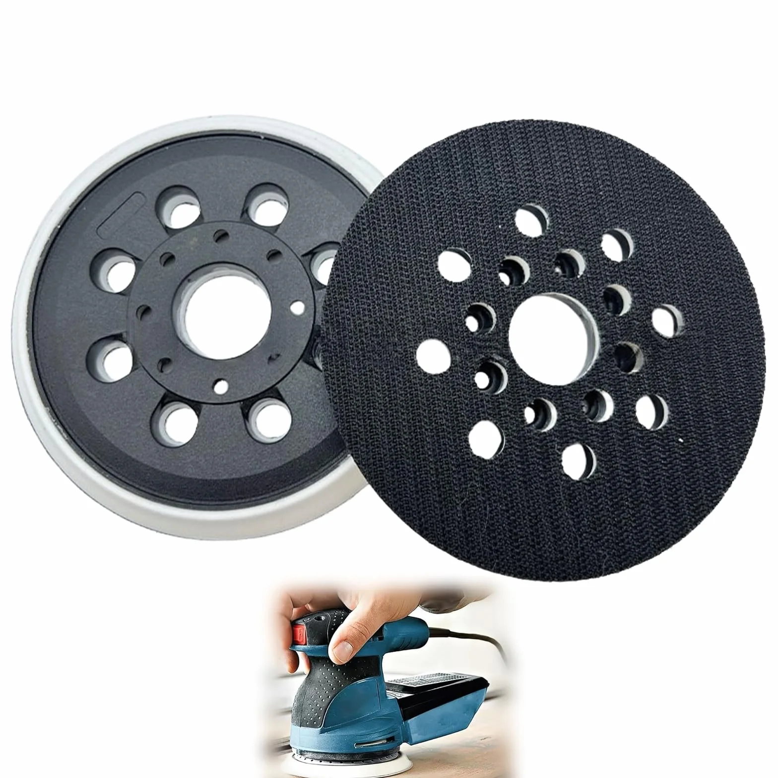 2 szt. 125 mm talerze szlifierskie zamienne pasują do Bos-Ch Pex 220 A, Gex 125-1 Ae, Skil 7402/7490, akcesoria do szlifierek mimośrodowych, 8 loc podkładka na rzep z twardą gumą, gumowy zderzak do