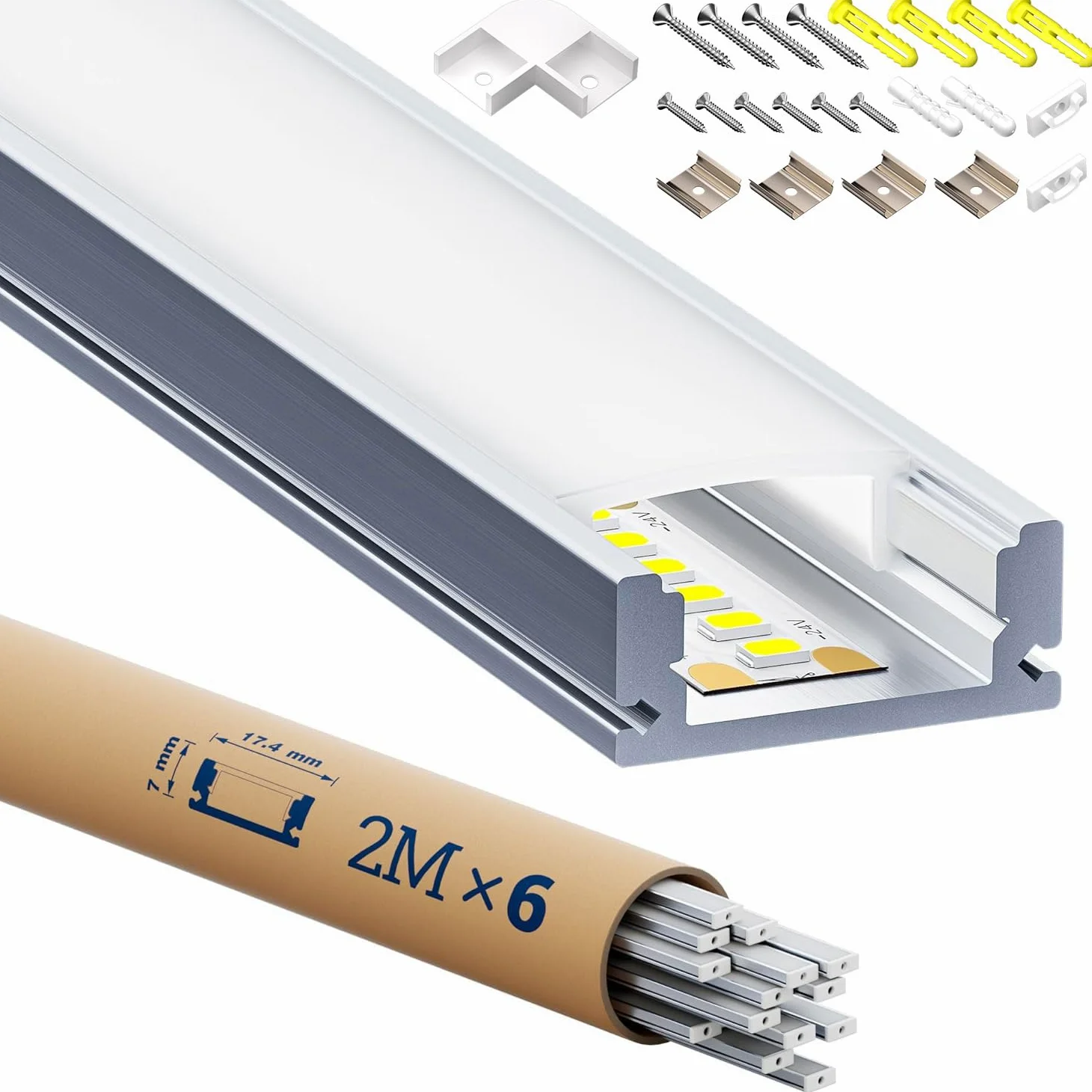 Profil aluminiowy LED 6 x 2M (łącznie 12 M), kanał LED w kształcie litery U, z dyfuzorem w PC i akcesoriami montażowymi do montażu sufitowego lub montażu podtynkowego do taśm LED