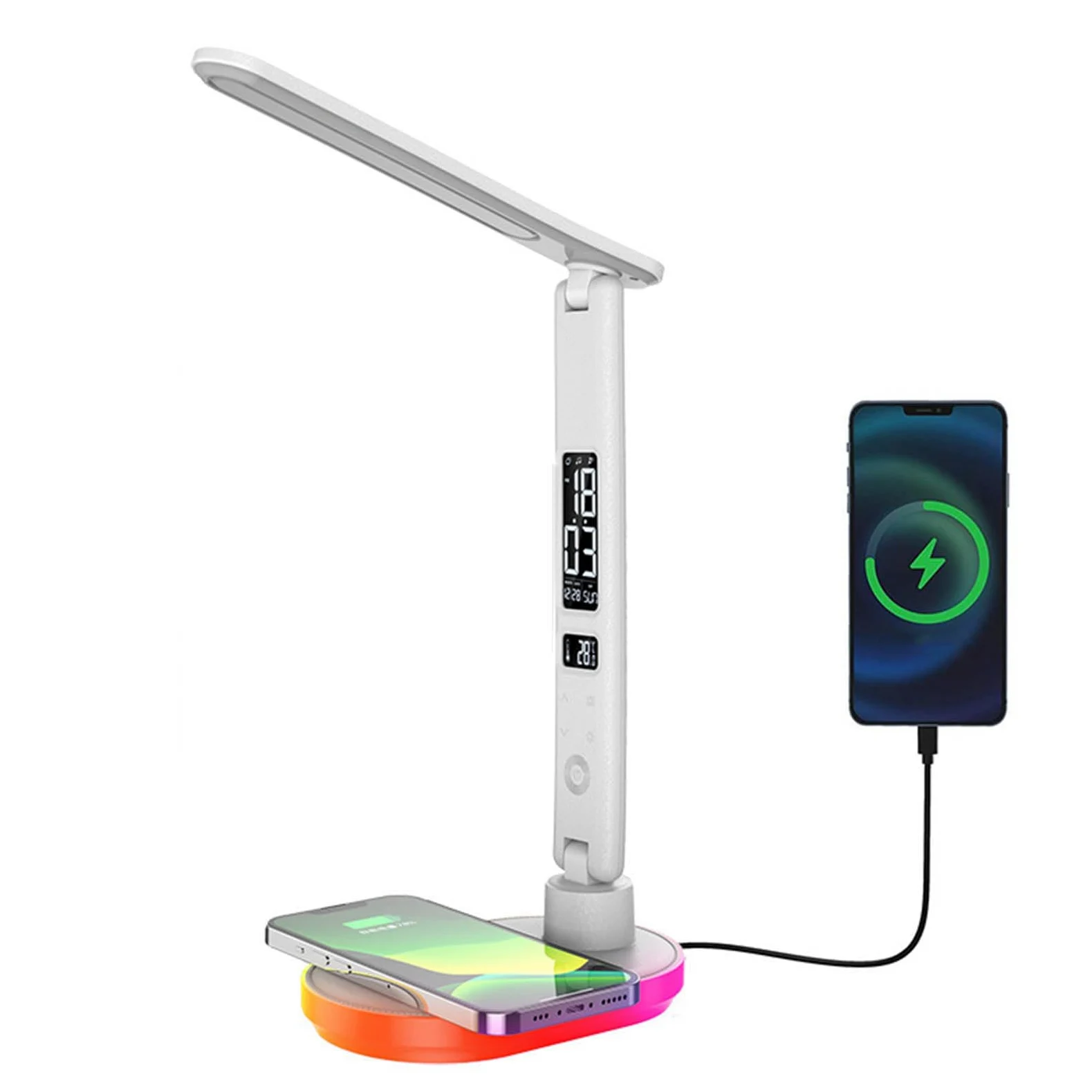 Wielofunkcyjna Lampa Biurkowa Led Z Bezprzewodową łAdowarką, Kalendarzem, Portem łAdowania Usb, Temperaturą, Budzikiem, Do Domowego Biura
