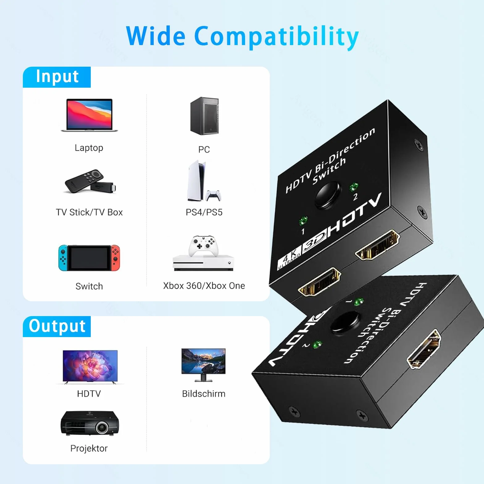 Avigers Przełącznik HDMI 2 w 1, 4K 60 Hz, HDMI Splitter 2 w 1 Out (tylko 1 monitor) przełącznik 2-HDMI port obsługuje HDR, 1080p/3D do laptopów, PC, pamięci TV, serii Xbox, PS5/4, projektora, monitora