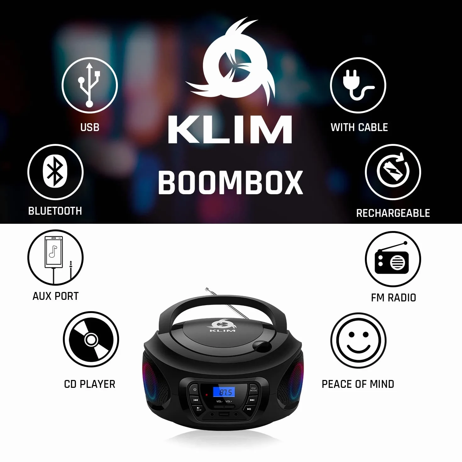 KLIM CD Boombox Portable Audio CD Player - NOWA WERSJA - Radio FM, Akumulator, Bluetooth, MP3 i AUX. Wyposażony w głośniki neodymowe Super Bass, ulepszony obiektyw lasera CD - czarny