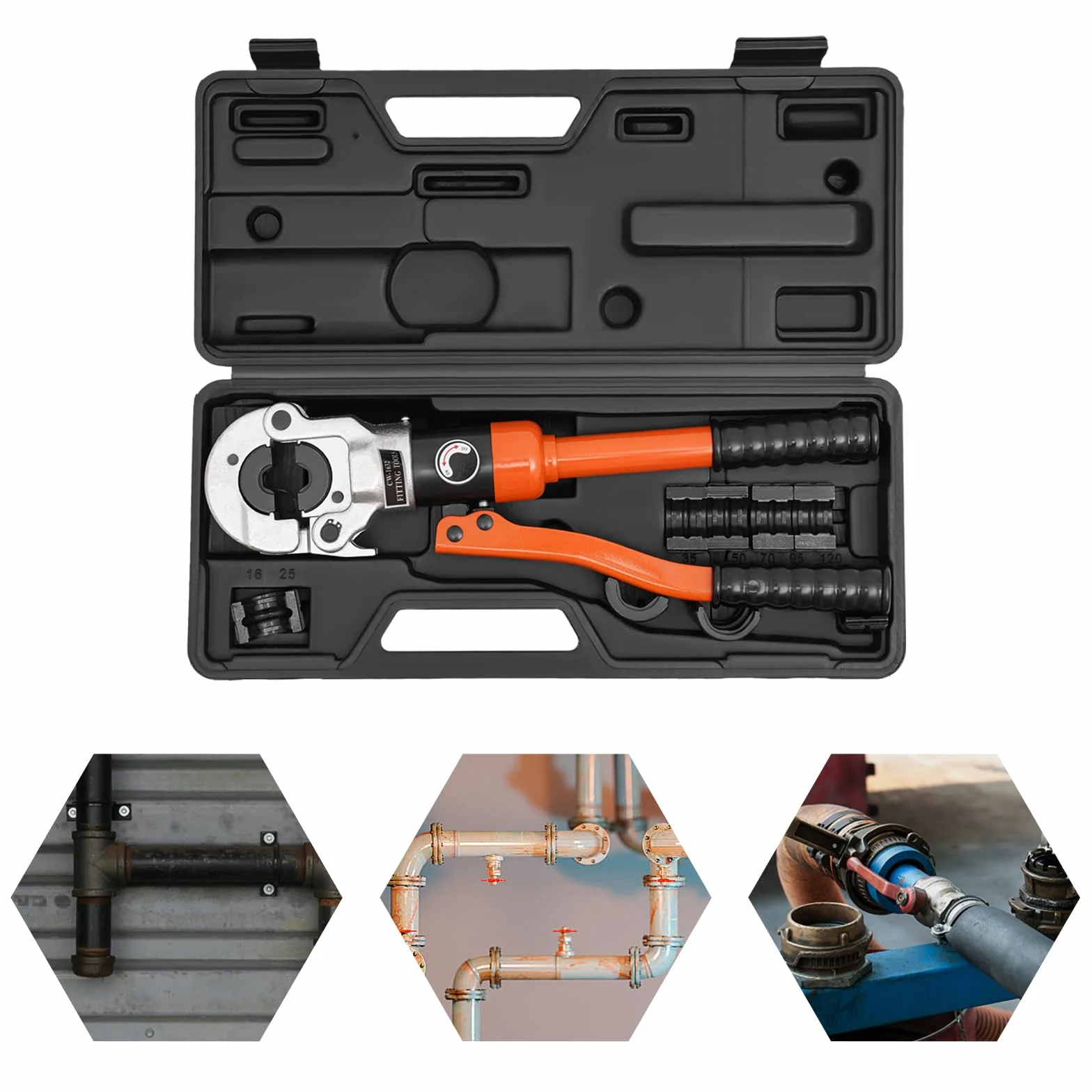 Szczypce hydrauliczne, szczypce do zaciskania końcówek kablowych, rozmiar 12-28 mm, szczypce zaciskowe z 5 matrycami zaciskowymi do komunikacji, transportu, ropy naftowej, górnictwa, metalurgii i