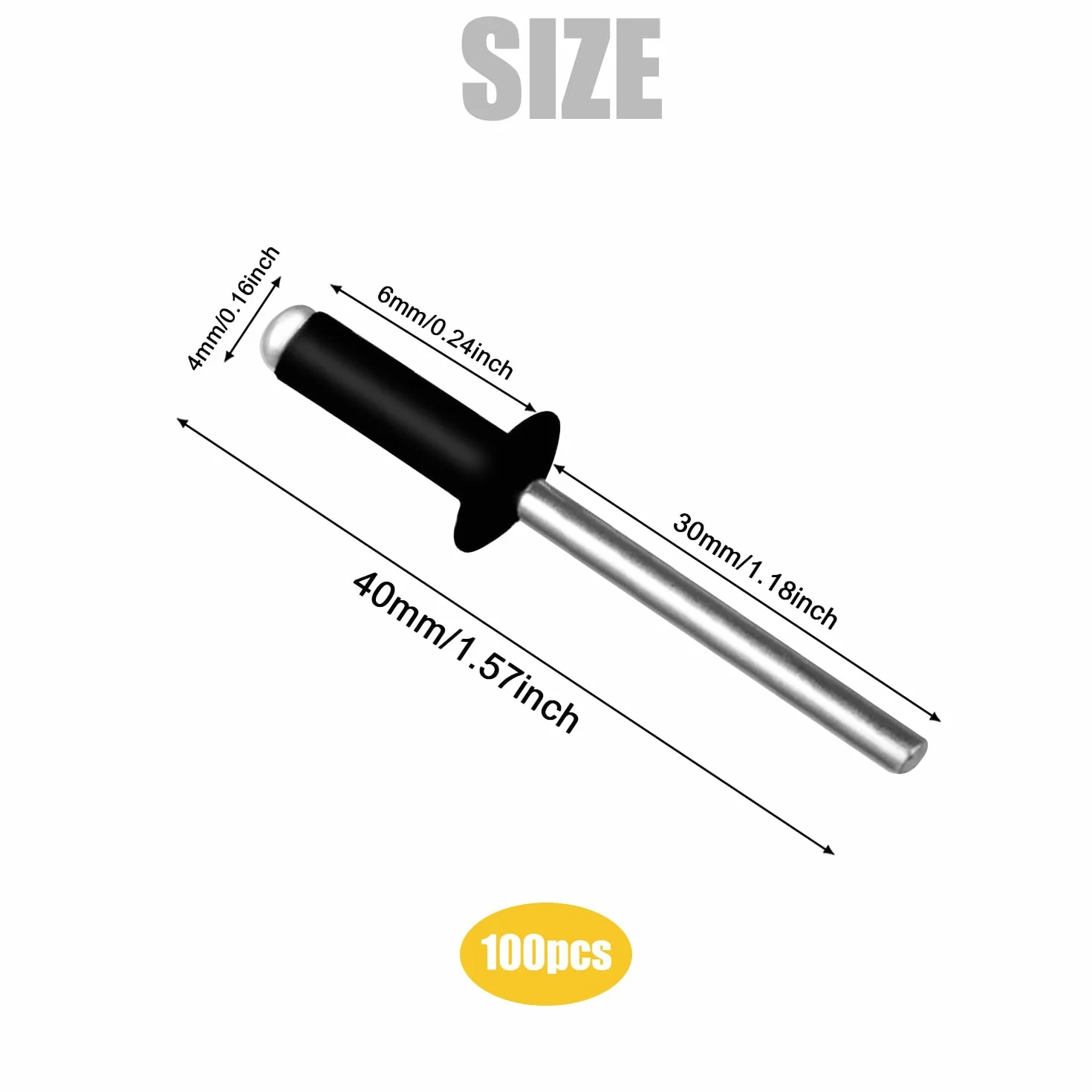Nity zrywalne, aluminiowe nity pop, zestaw 4 mm x 6 mm, duże główki, czarne, nity, 100 sztuk, antracytowe, do nitów nitowniczych Rivet Tool (4 mm x 6 mm)