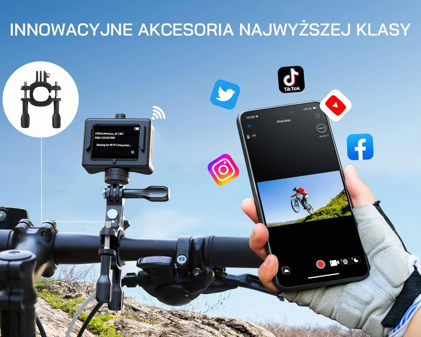 Kamera akcji WOLFANG 4K 60FPS, kamera podwodna GA300 20MP WiFi, wodoodporna kamera na kask 40M z ekranem dotykowym Zoom 8X 6-AXIS EIS (mikrofon zewnętrzny, pilot baterie 2x1350mAh i zestaw akcesoriów)