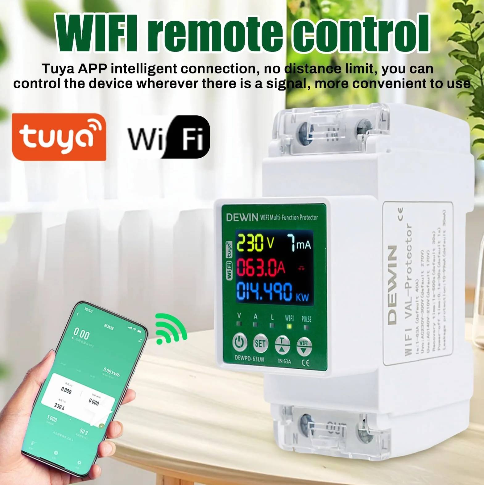 DEWIN miernik zużycia energii WiFi, 63A 230VAC Monitor energii Tuya WiFi Automatyczna ochrona przed przepięciami ochrona przed przeciążeniem (instrukcja w języku angielskim)