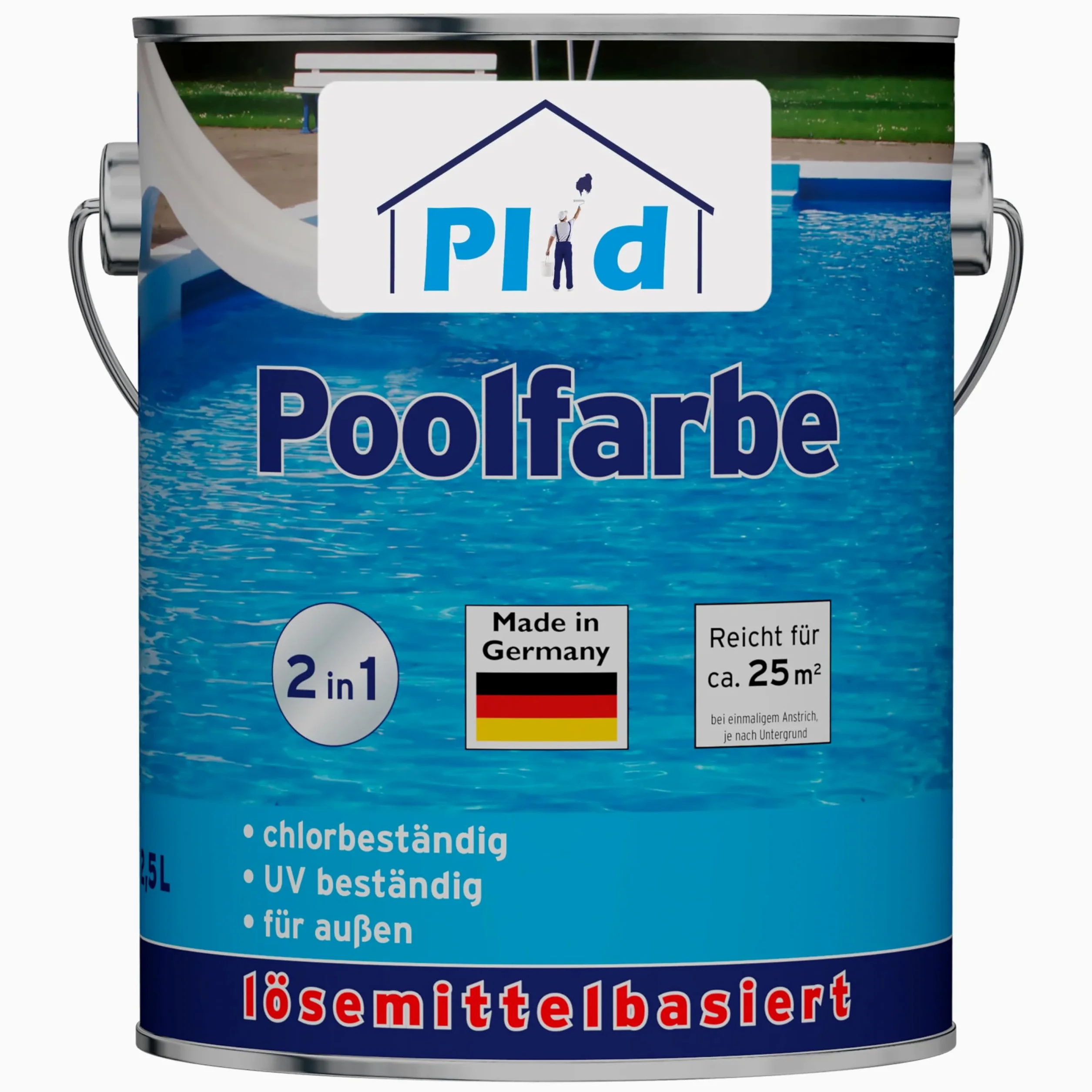 Plid® Farba basenowa do betonu, kolor niebieski, jedwabisty połysk, 2,5 l, odporna na chemikalia, szybkoschnąca i odporna na zarysowania, wysoka stabilność koloru i połysku, Made in Germany