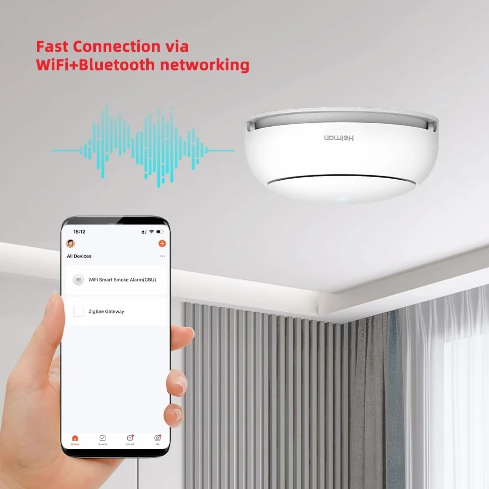 HEIMAN Czujnik dymu WiFi z przyciskiem wyciszenia, standard EN 14604, inteligentny czujnik ognia, WLAN (5), WS2SA-1-TY