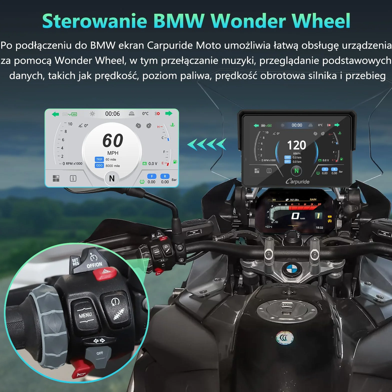 CARPURIDE W502BS PRO do motocykli BMW, CarPlay i Android Auto, podwójny Bluetooth, 5-calowy wodoodporny ekran nawigacji GPS, odczyt danych, Native Wonder, TPMS, czujnik światła, udostępnianie muzyki,