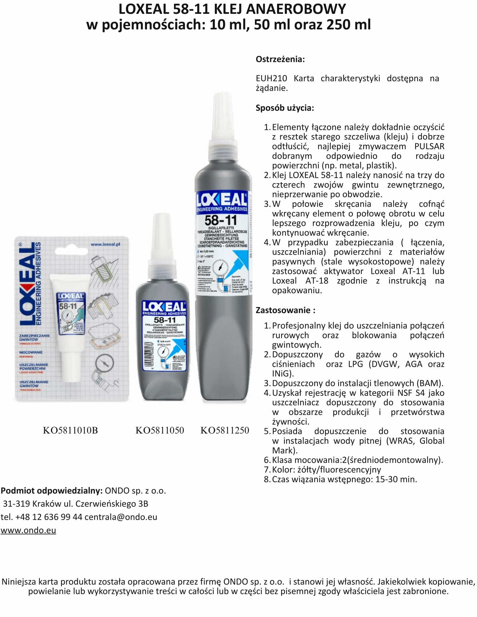 LOXEAL 58-11 USZCZELNIACZ DO GWINTÓW ŚREDNIEJ MOCY 250 ml