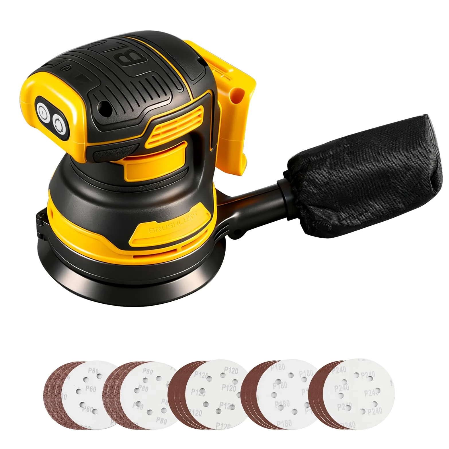 Akumulatorowa szlifierka mimośrodowa, kompatybilna z Dewalt 18/20 V, 125 mm, szlifierka do drewna z odsysaniem kurzu, 20 papieru ściernego, 3 prędkości 11000 obr./min do szlifowania, polerowania