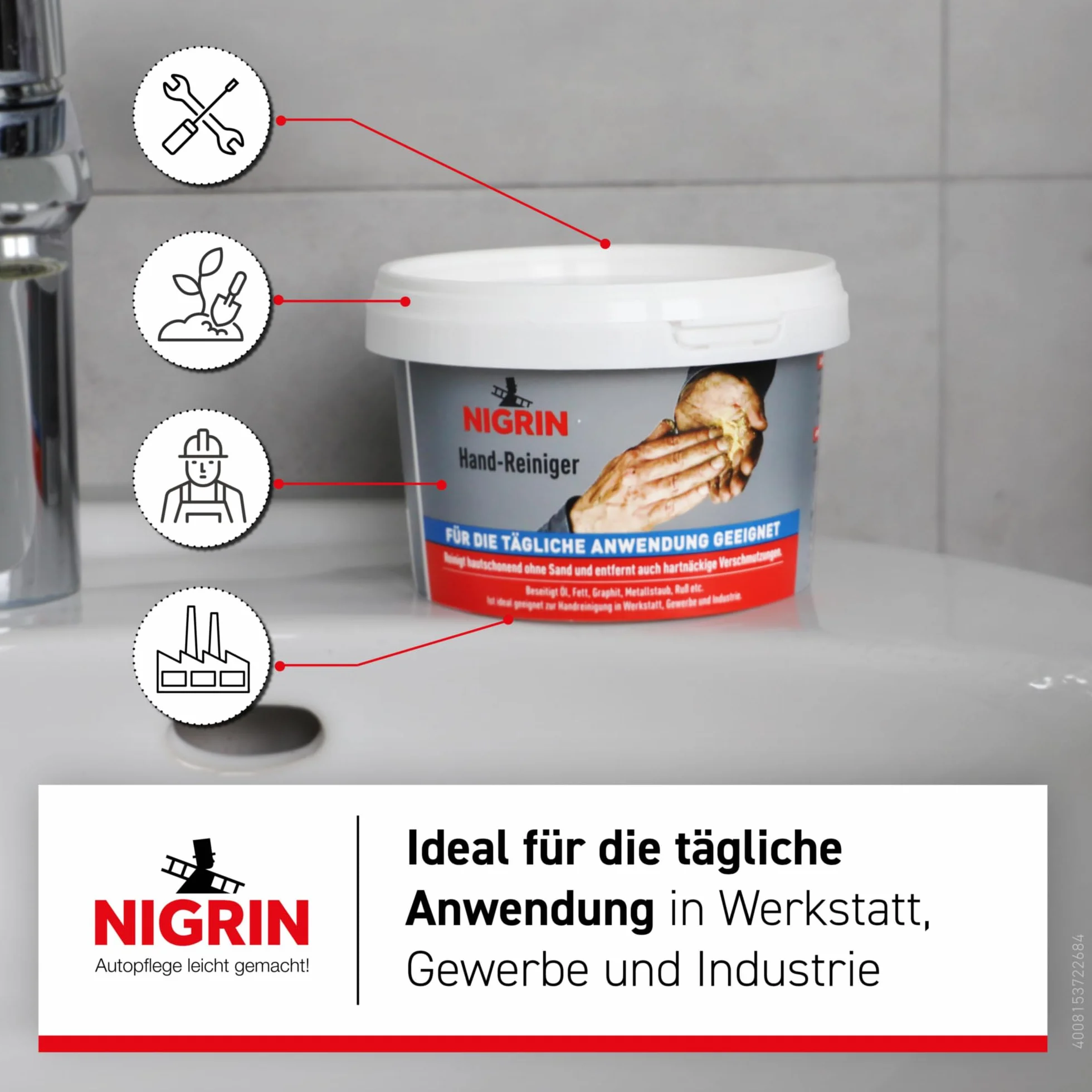 NIGRIN Pasta do mycia rąk 500 ml, czyści delikatnie dla skóry, usuwa uporczywe zabrudzenia, 1 sztuka