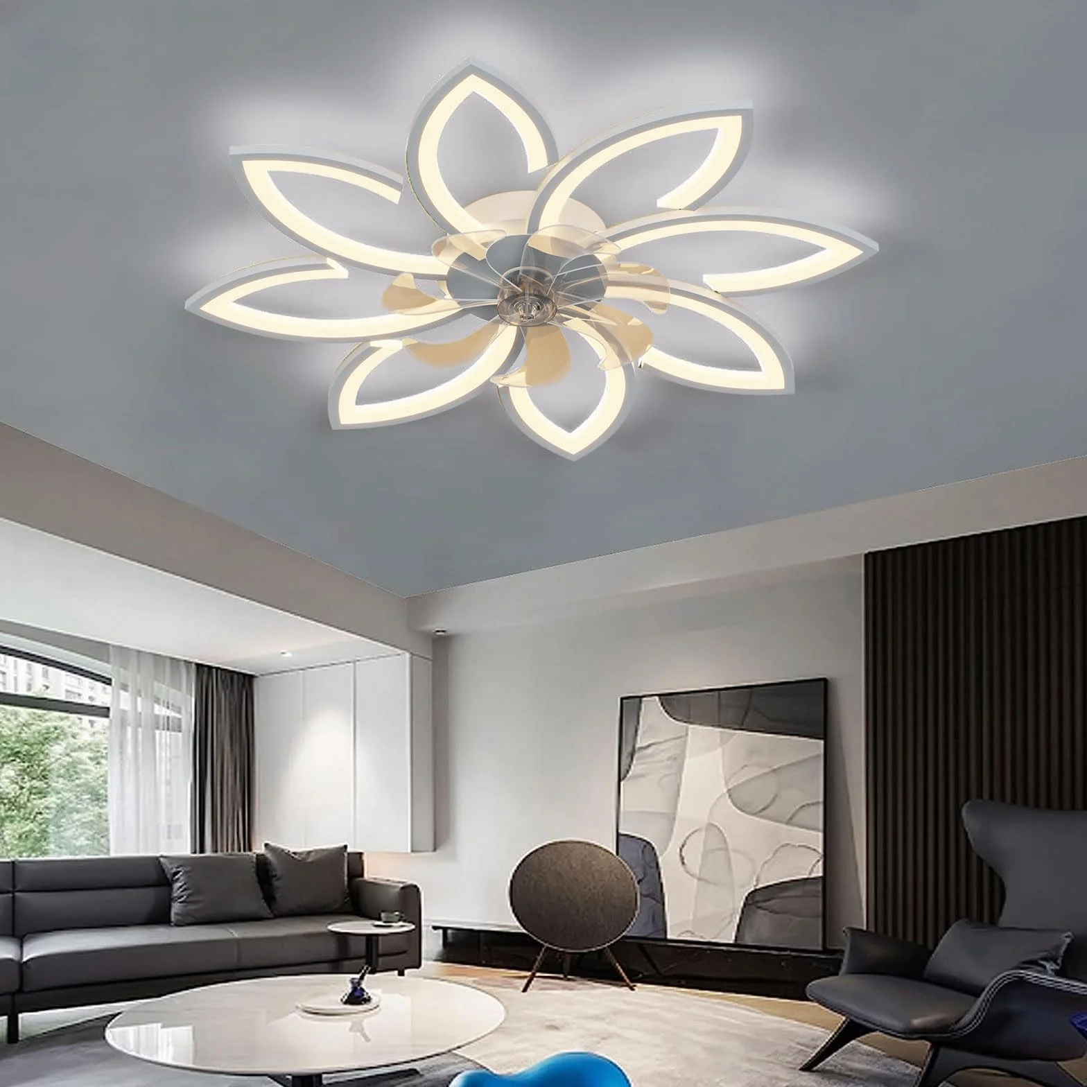 Wentylator sufitowy LED ze światłem, ściemnialny żyrandol 66W z wentylatorem, cichy odwracalny wentylator sufitowy ze światłem, do salonu
