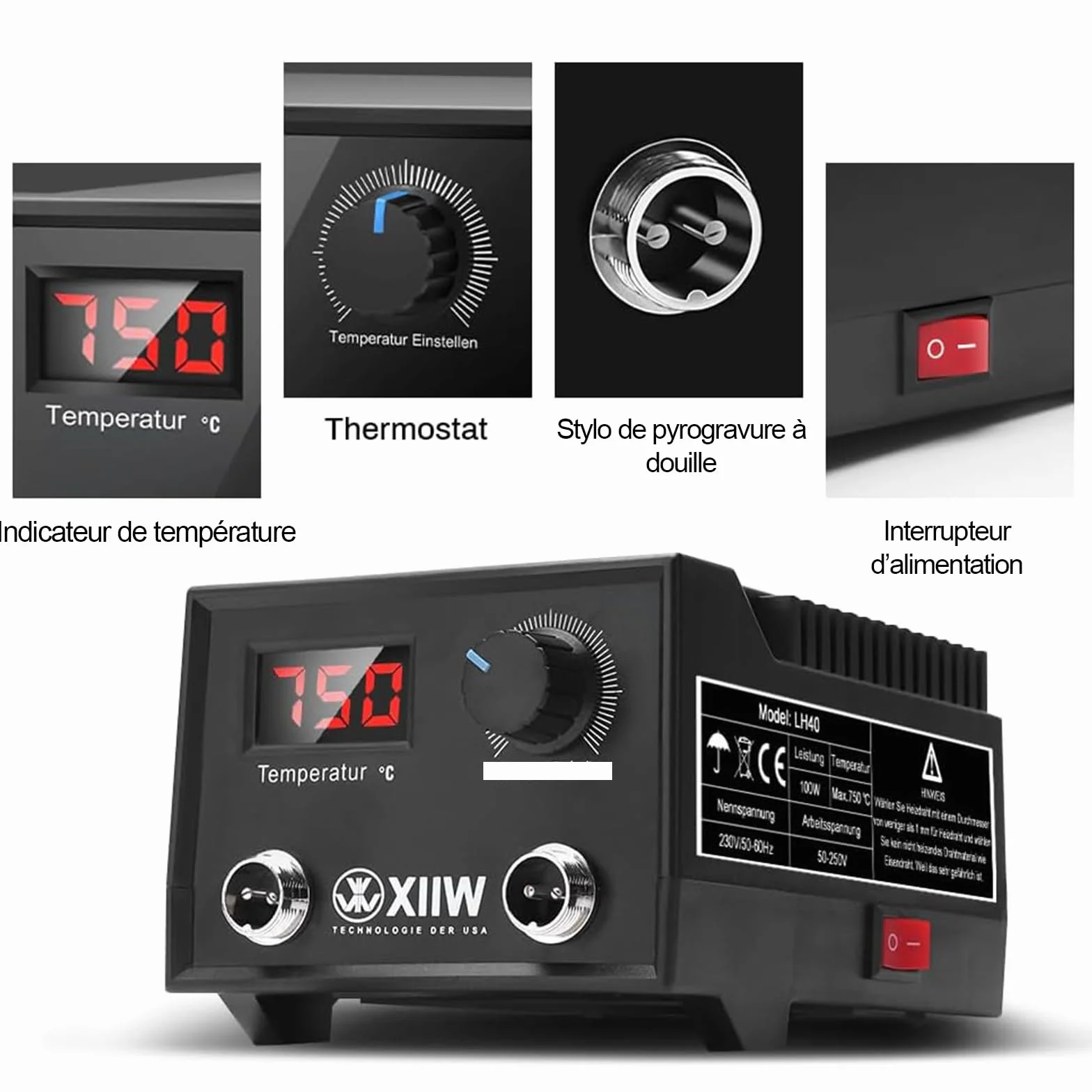 Urządzenie do pirografii 100W 220V z 33 końcówkami, regulowaną temperaturą 0-750°C