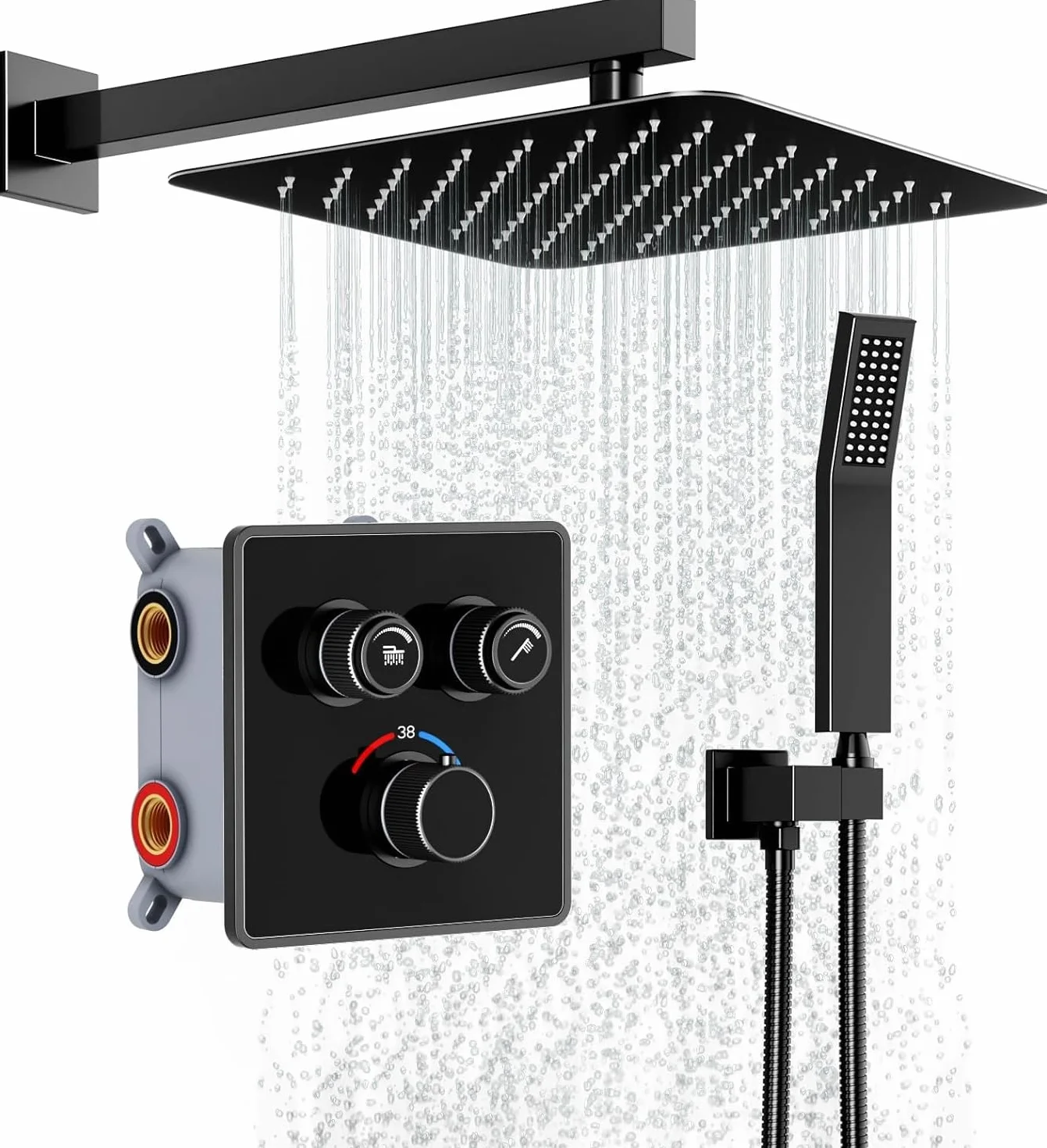 Rainsworth System prysznicowy podtynkowy z termostatem, 38℃, czarny, regulowany przepływ wody, podtynkowa armatura prysznicowa zestaw z deszczownicą 30 x 30 cm, zestaw prysznicowy ze słuchawką