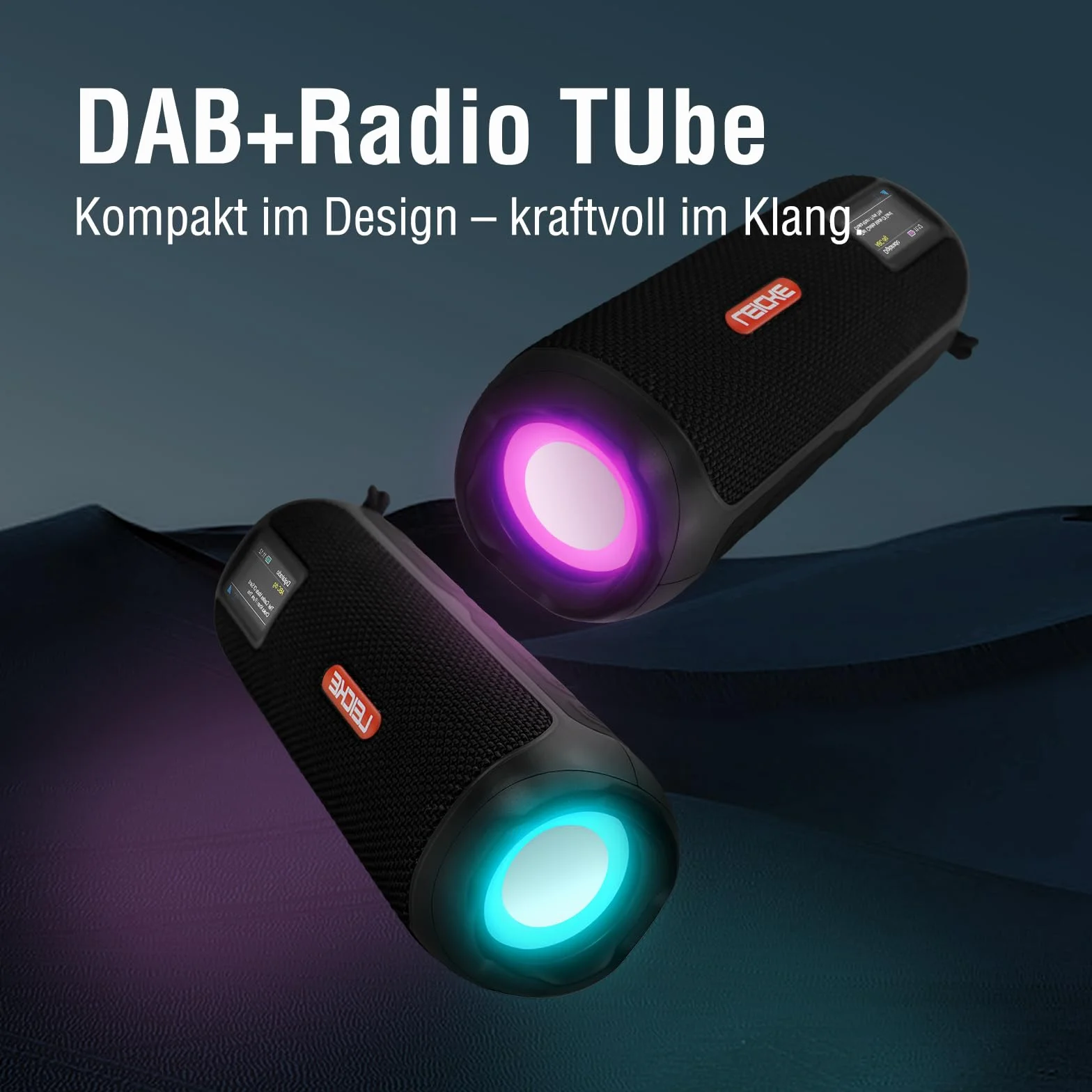 LEICKE DAB+ radio Tube – przenośny głośnik Bluetooth z DAB+/FM, akumulator 4500 mAh, oświetlenie RGB LED, dźwięk stereo 10 W, korektor, ładowanie USBC, złącze Micro SD/AUX, zasilanie sieciowe i