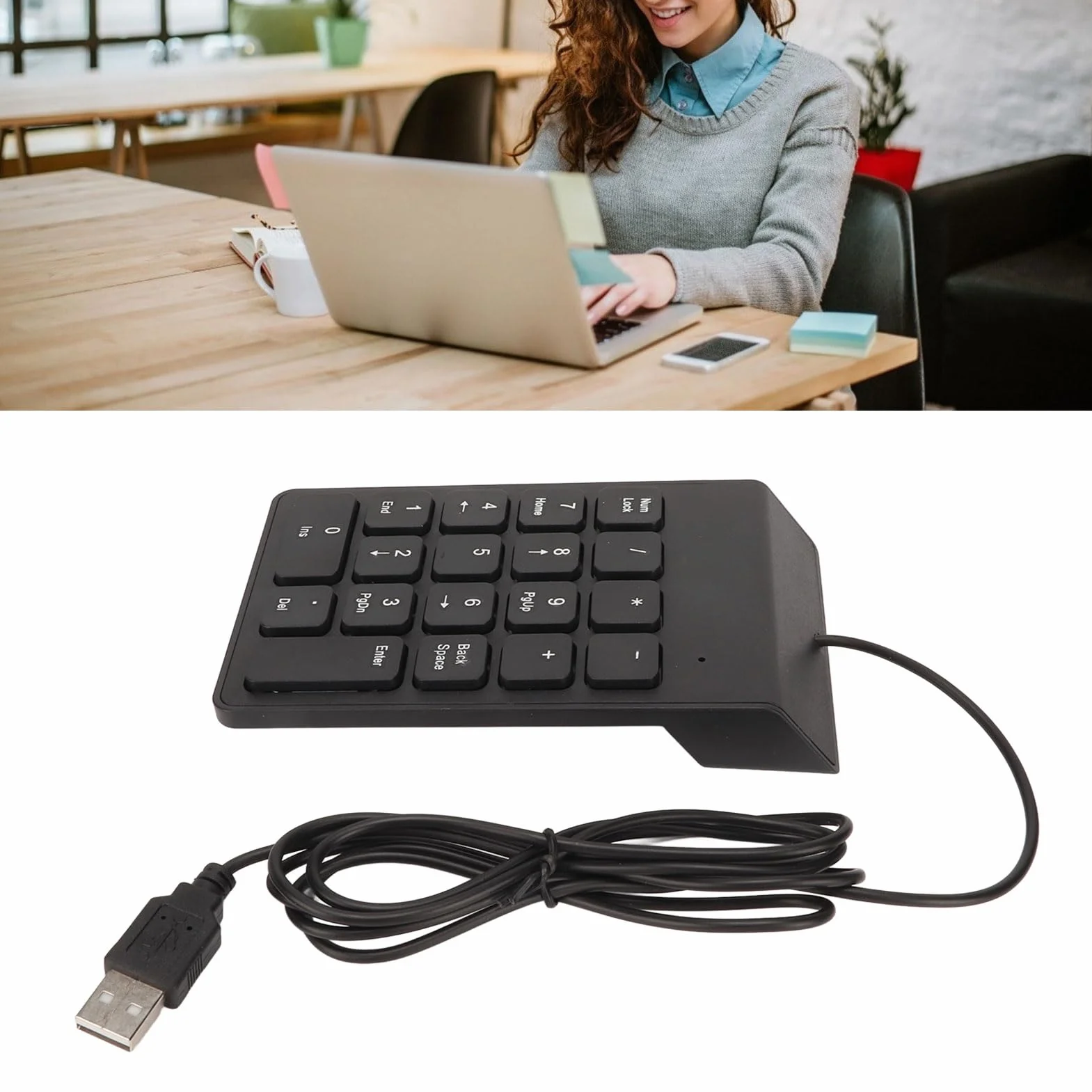 Bewinner Zewnętrzna klawiatura numeryczna z kablem USB, 18 przycisków, do laptopa, ciche pisanie, ergonomiczna klawiatura numeryczna do księgów bankowych, Plug and Play (1 szt.)