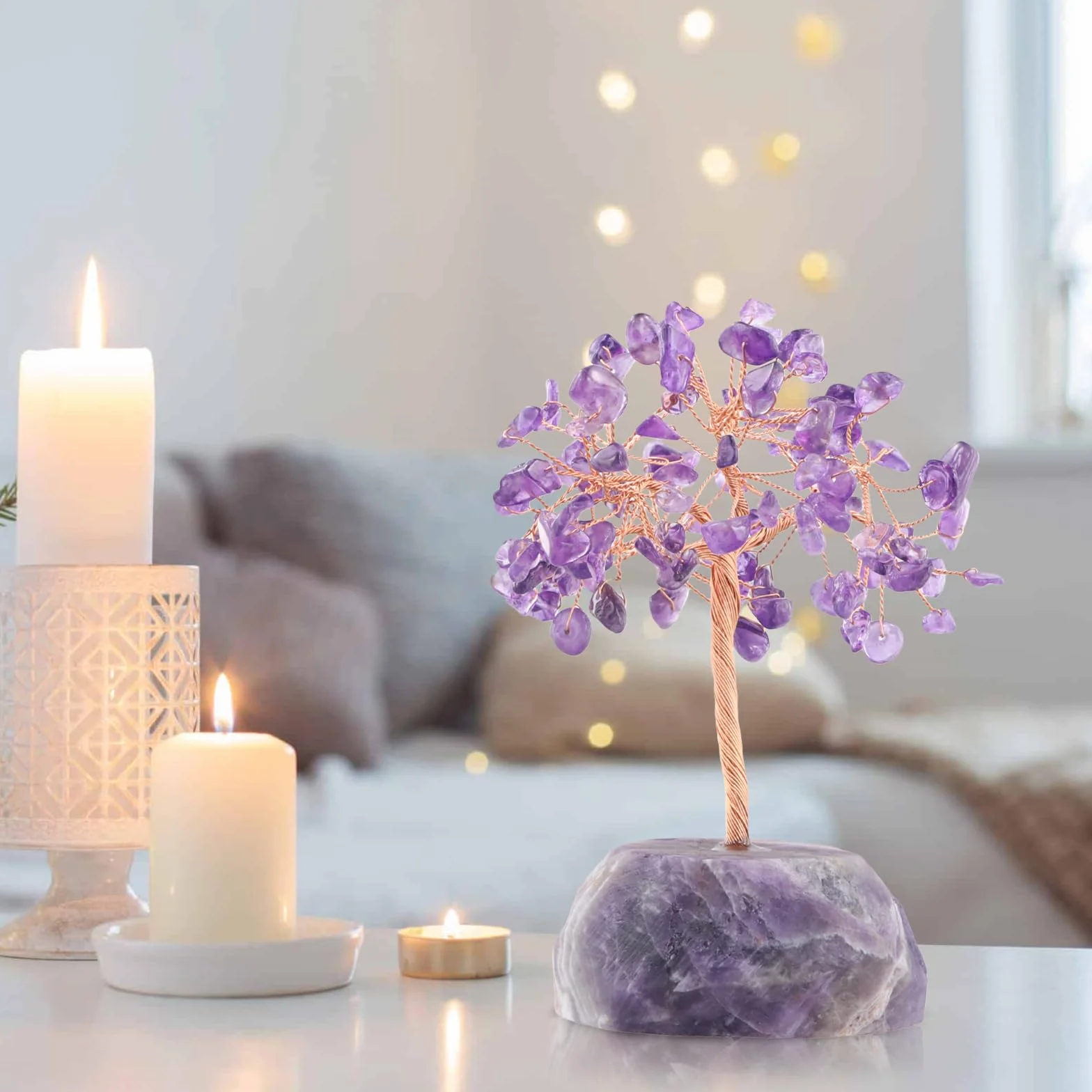 Drzewo kryształowe ametystowe, Reiki uzdrawiające drzewo kryształowe na naturalnych mini drzewkach kryształowych z bazą agatową, zawijanie drutu, kamienie bębnowe, Feng Shui, drzewo bonsai,