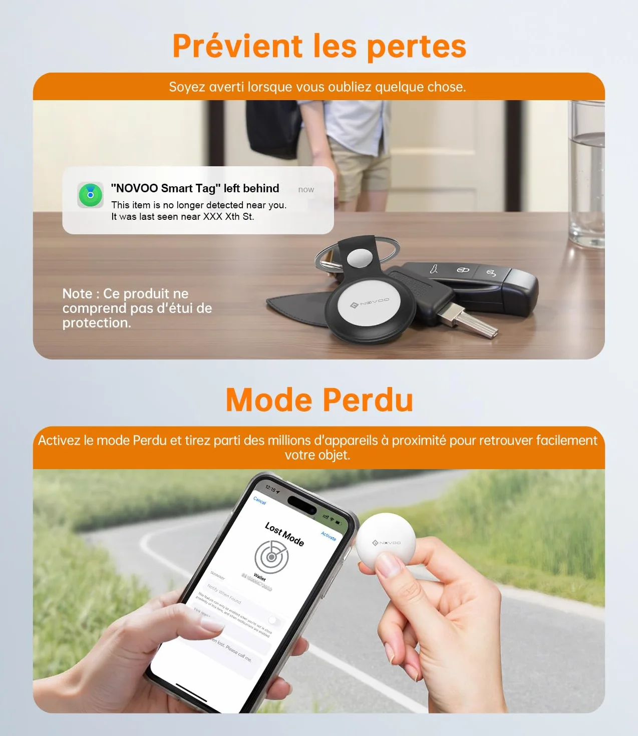 NOVOO Inteligentny tag Bluetooth kompatybilny z Apple & Google Find My, alarm 80dB, wodoodporny IPX5, wymienna bateria