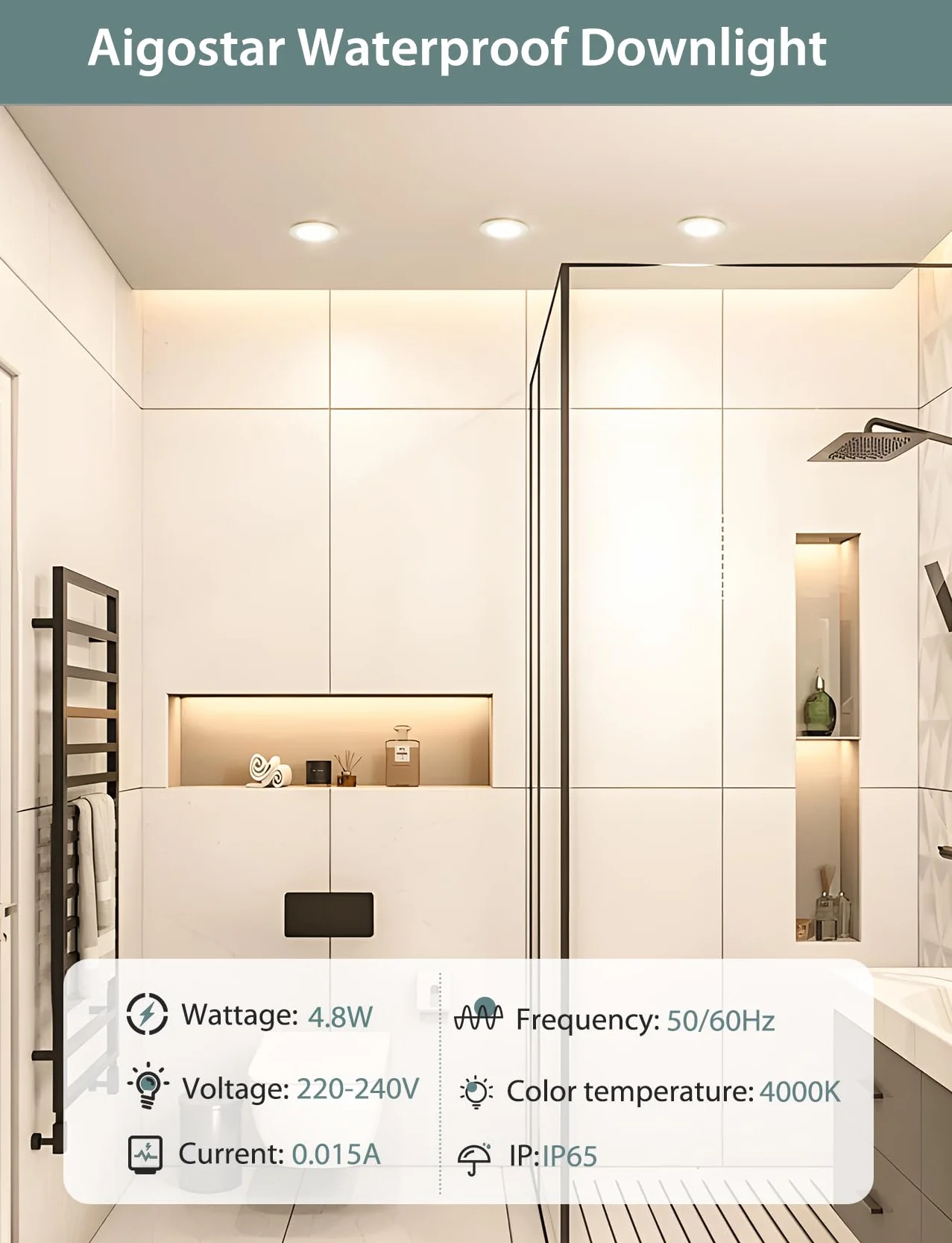 Aigostar LED Downlight sufitowy wpuszczany 4,8 W IP65 wodoodporny, Bull's Eyes 4000 K światło naturalne, bardzo płaski LED Downlight łazienkowy biały, ø87*H35 mm, 3 sztuki