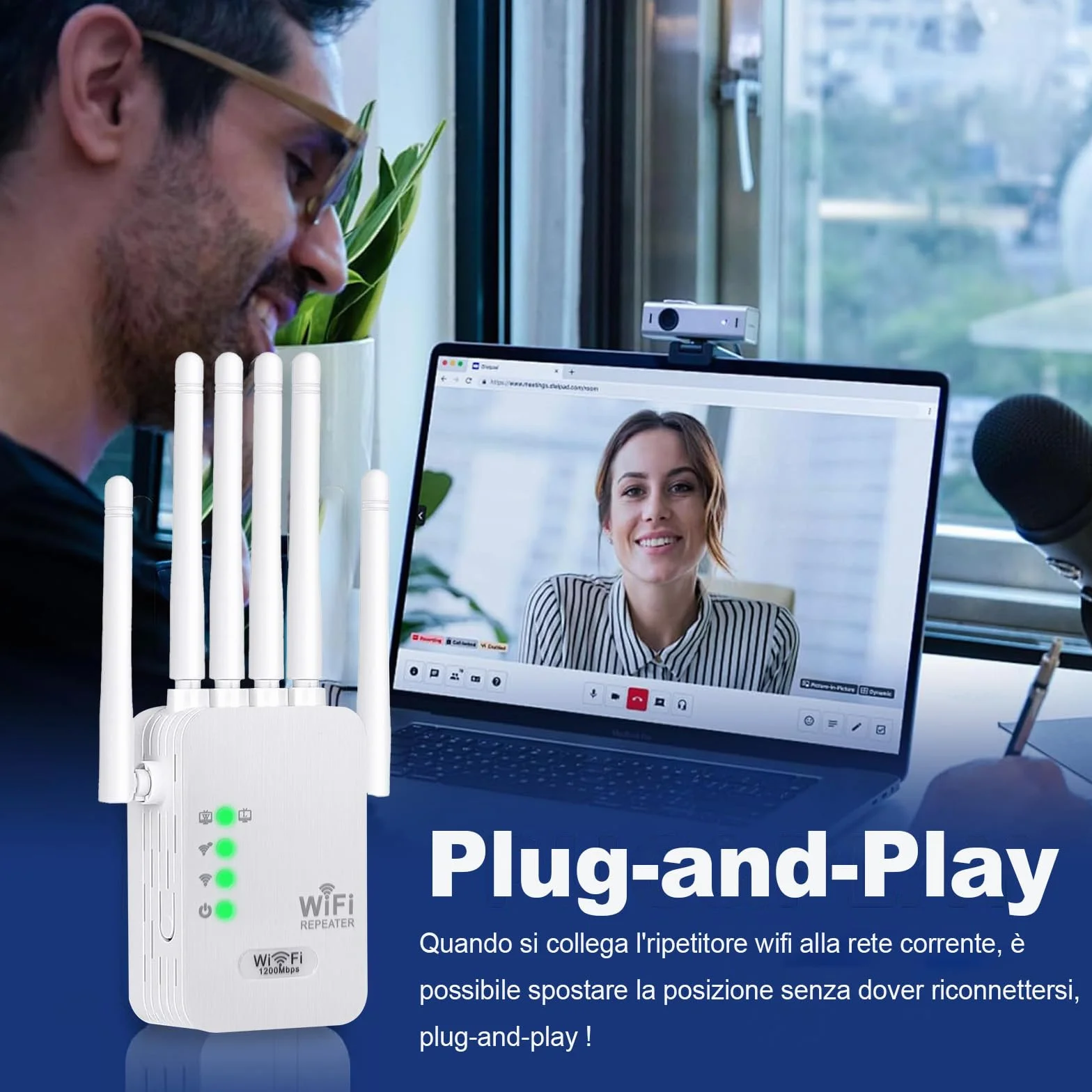 Wzmacniacz sygnału WiFi 1200 Mb/s 6 anten przedłużacz zasięgu 1000 m² 2 porty LAN 3 tryby repeater router AP