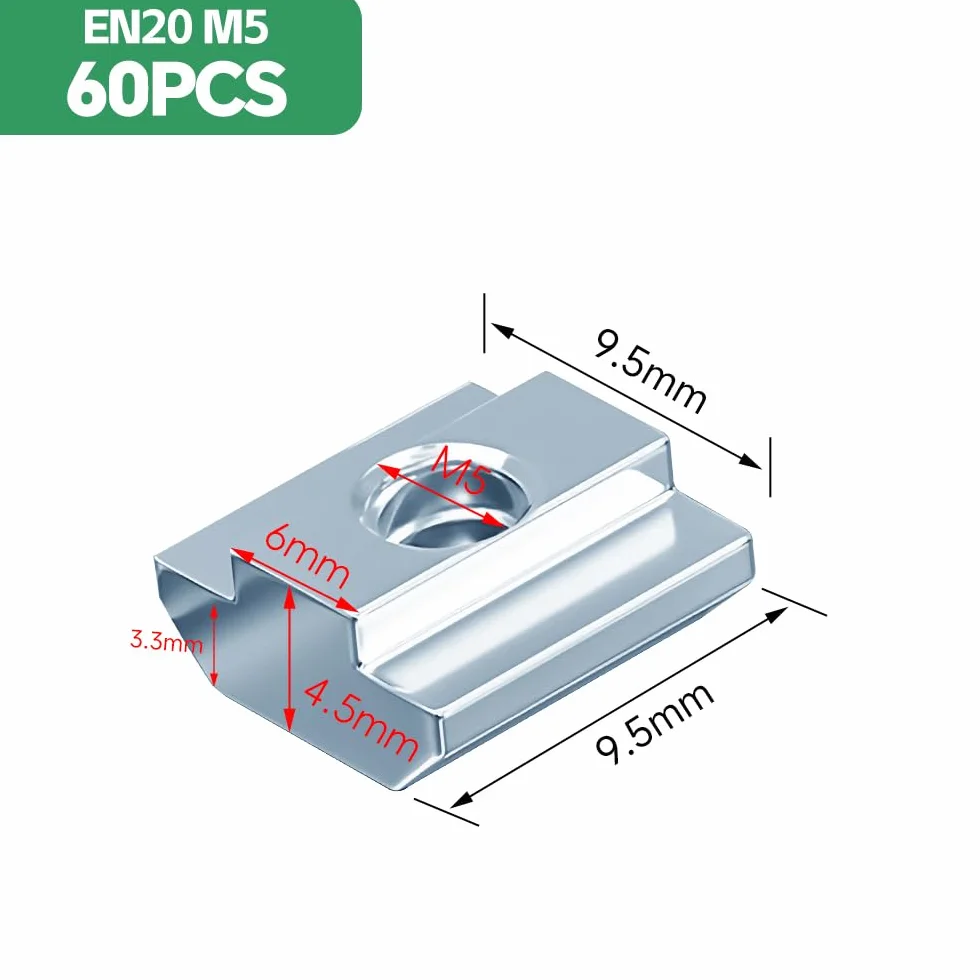 60 sztuk kamieni do rowków M5 typ B, nakrętka przesuwna T do profilu aluminiowego serii 20, zestaw kamieni rowkowych T M5, stal węglowa, nakrętka przesuwna do szczeliny wytłaczanej z profilem