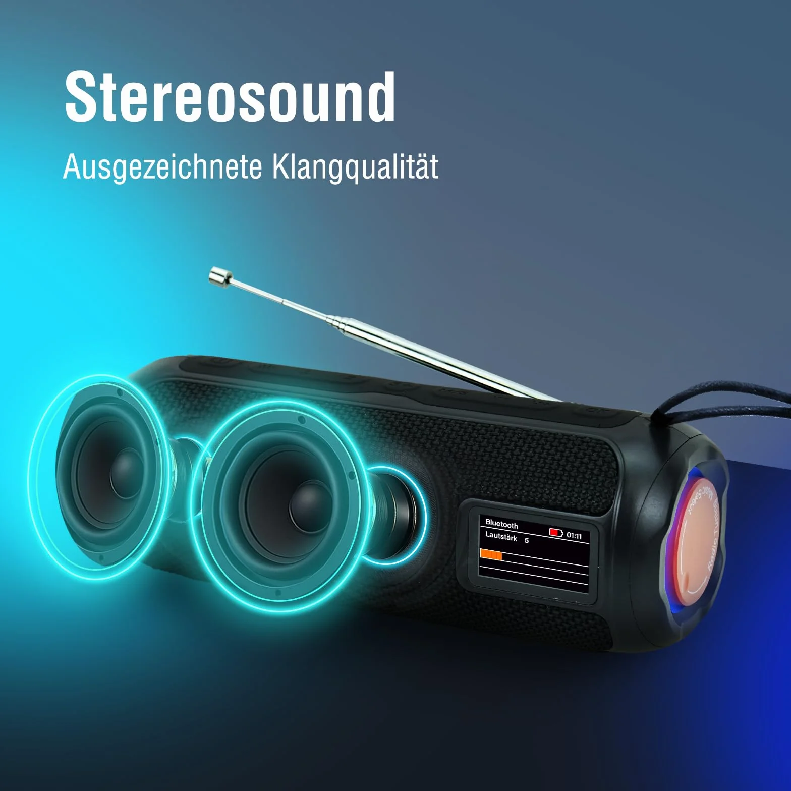 LEICKE DAB+ radio Tube – przenośny głośnik Bluetooth z DAB+/FM, akumulator 4500 mAh, oświetlenie RGB LED, dźwięk stereo 10 W, korektor, ładowanie USBC, złącze Micro SD/AUX, zasilanie sieciowe i