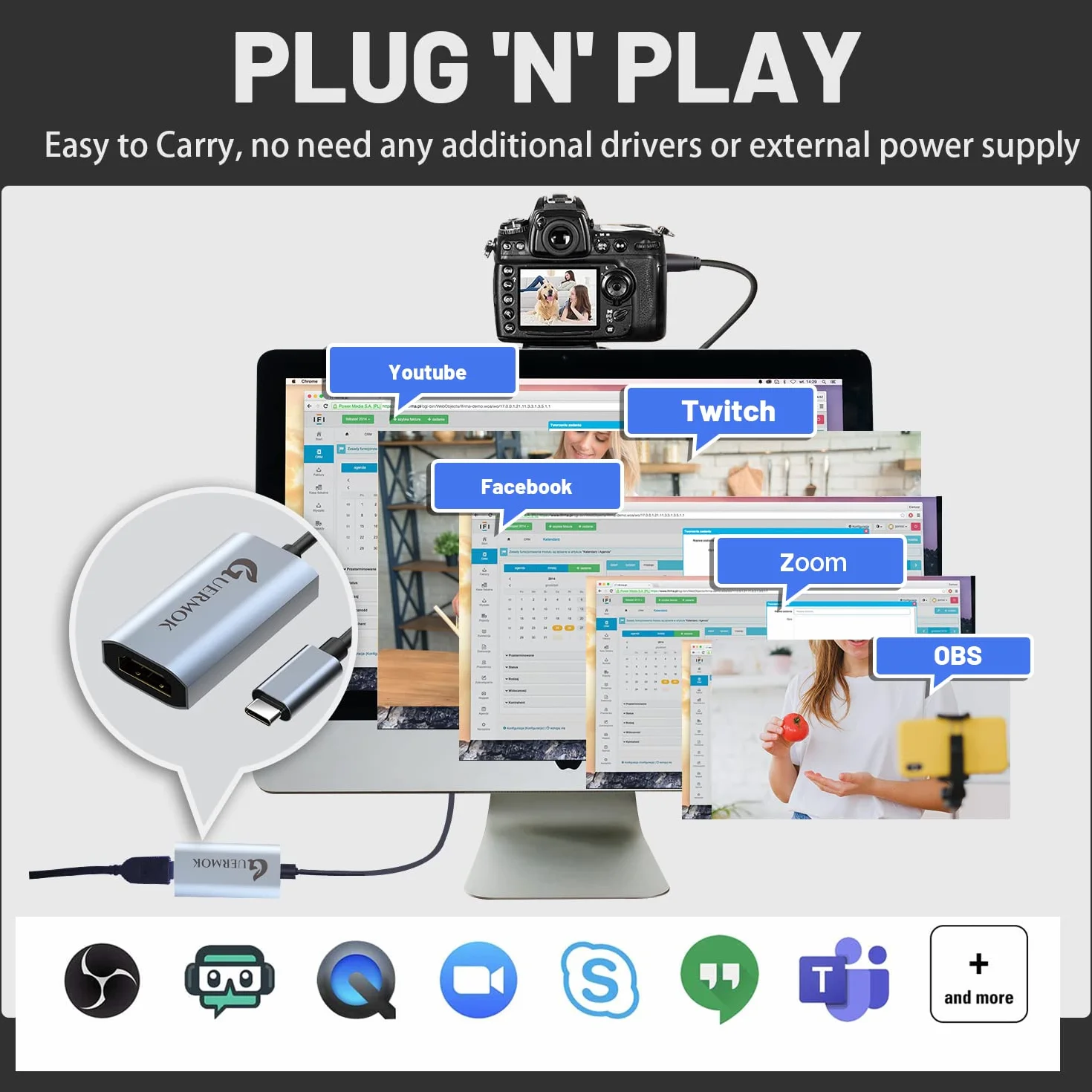 Guermok Karta do przechwytywania wideo, USB3.0 HDMI na USB C, 4K Full 1080P60FPS, urządzenia do przechwytywania do gier, transmisji na żywo, do systemu Windows, Mac OS, OBS, PS4/5, przełącznik Xbox1