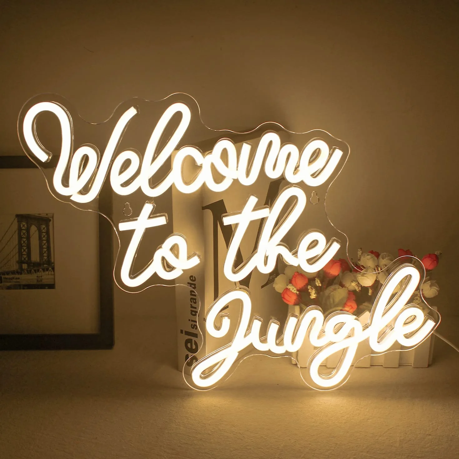 Welcome to the Jungle szyld reklamowy, biały, neonowy znak LED, słowo, neonowe światło, dekoracja ścienna, litera USB, świecąca tabliczka do ogrodu, wejścia do domu, na werandę, na imprezę, prezent