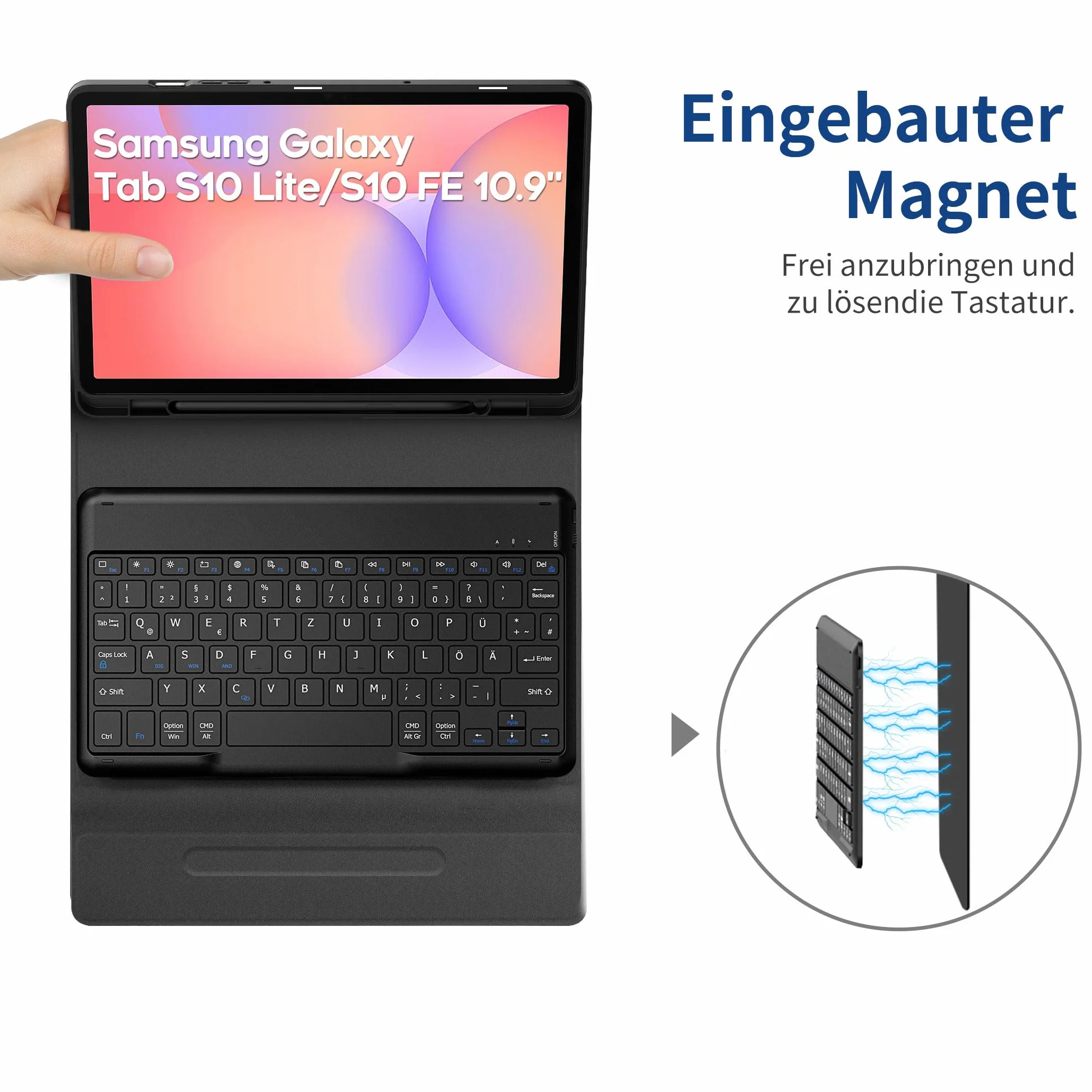 EasyAcc Etui na klawiaturę kompatybilne z Samsung Galaxy Tab S9 FE 10,9 cala / S9 2023 11 cali z folią ochronną, zdejmowane etui ochronne na klawiaturę z uchwytem na ołówek, czarne